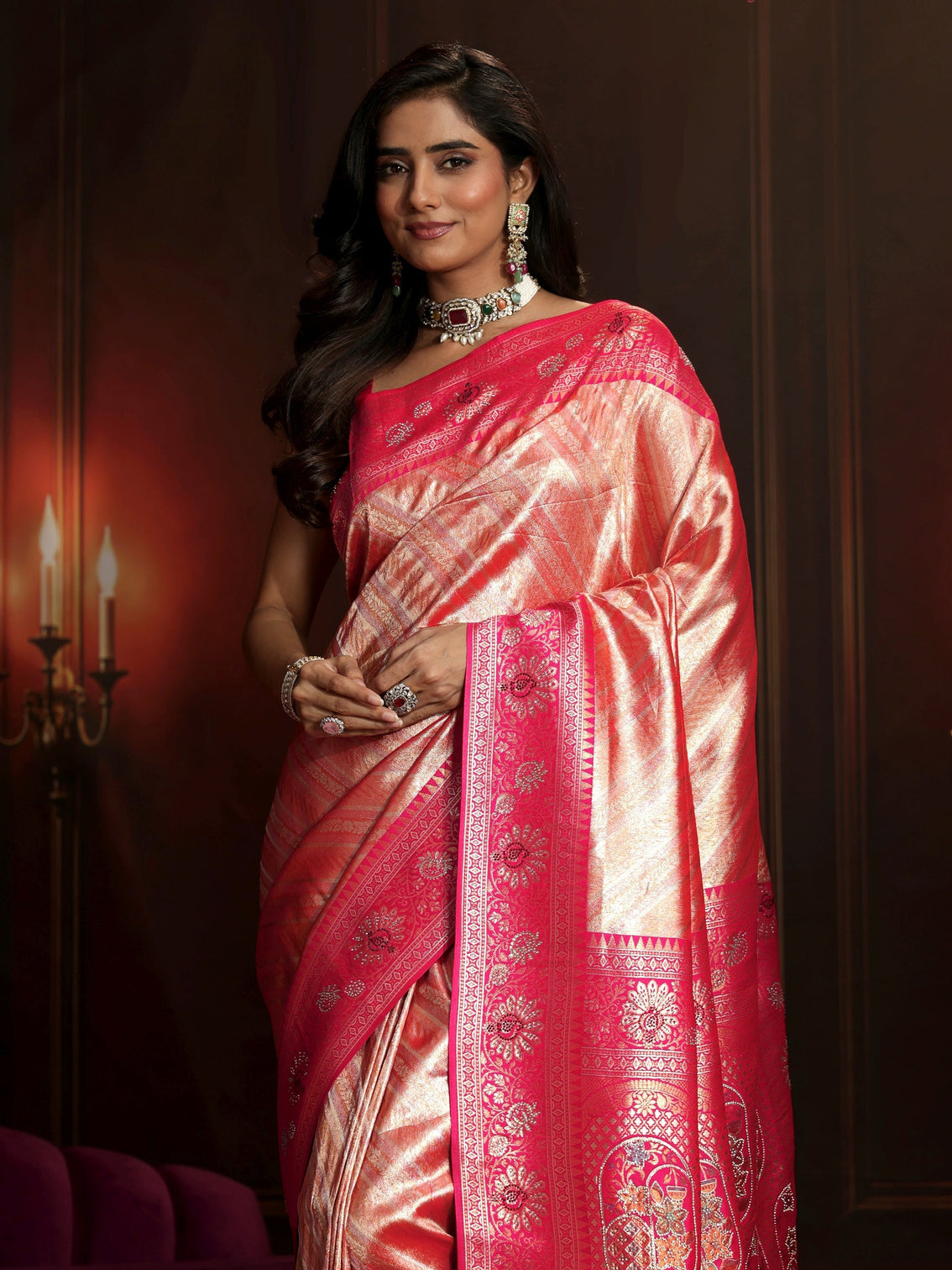 Mameraa Peach Pink Woven Design Silk Blend Saree