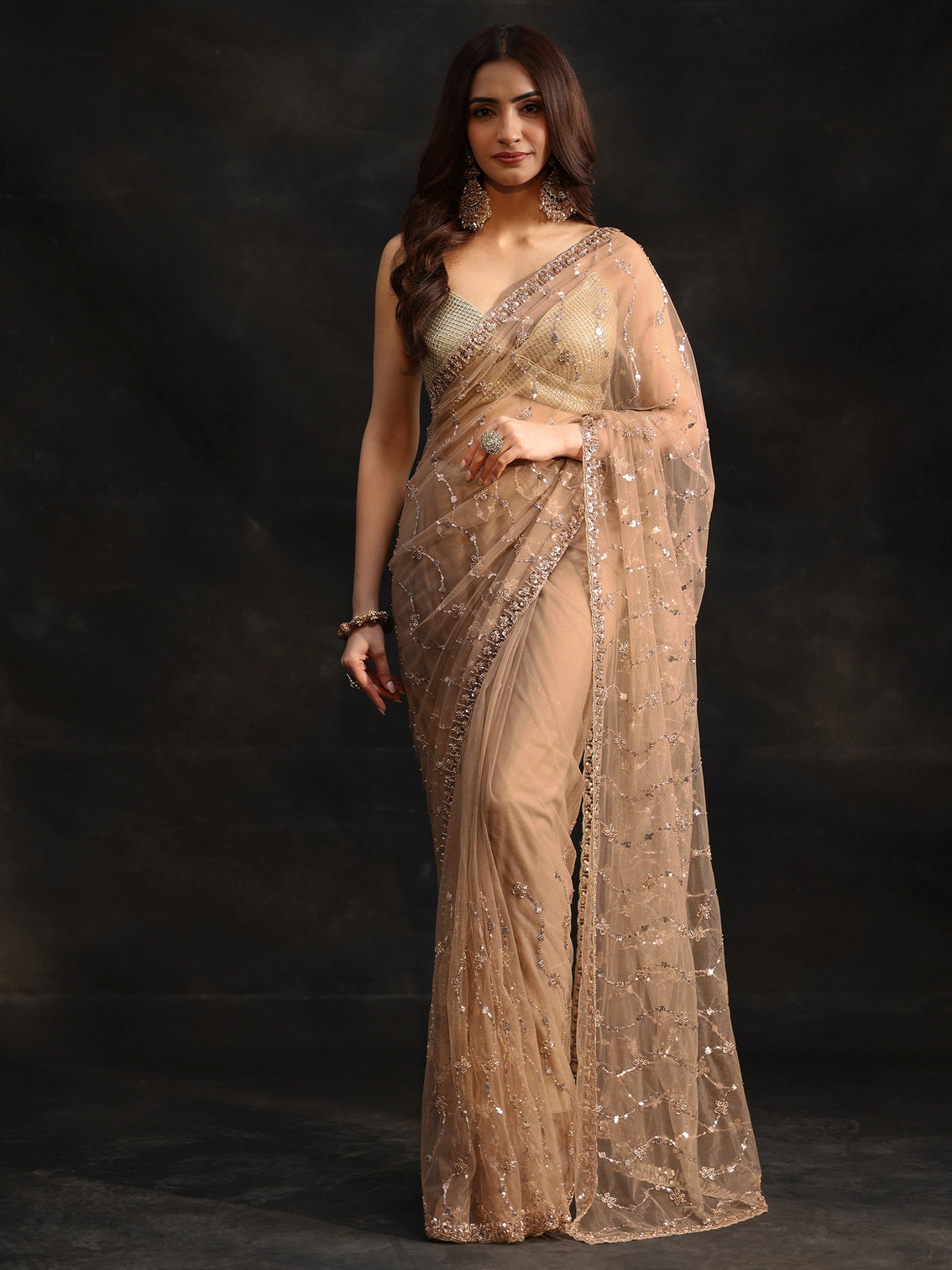 Mameraa Taupe Grey Embellished Wavy Pattern Net Saree