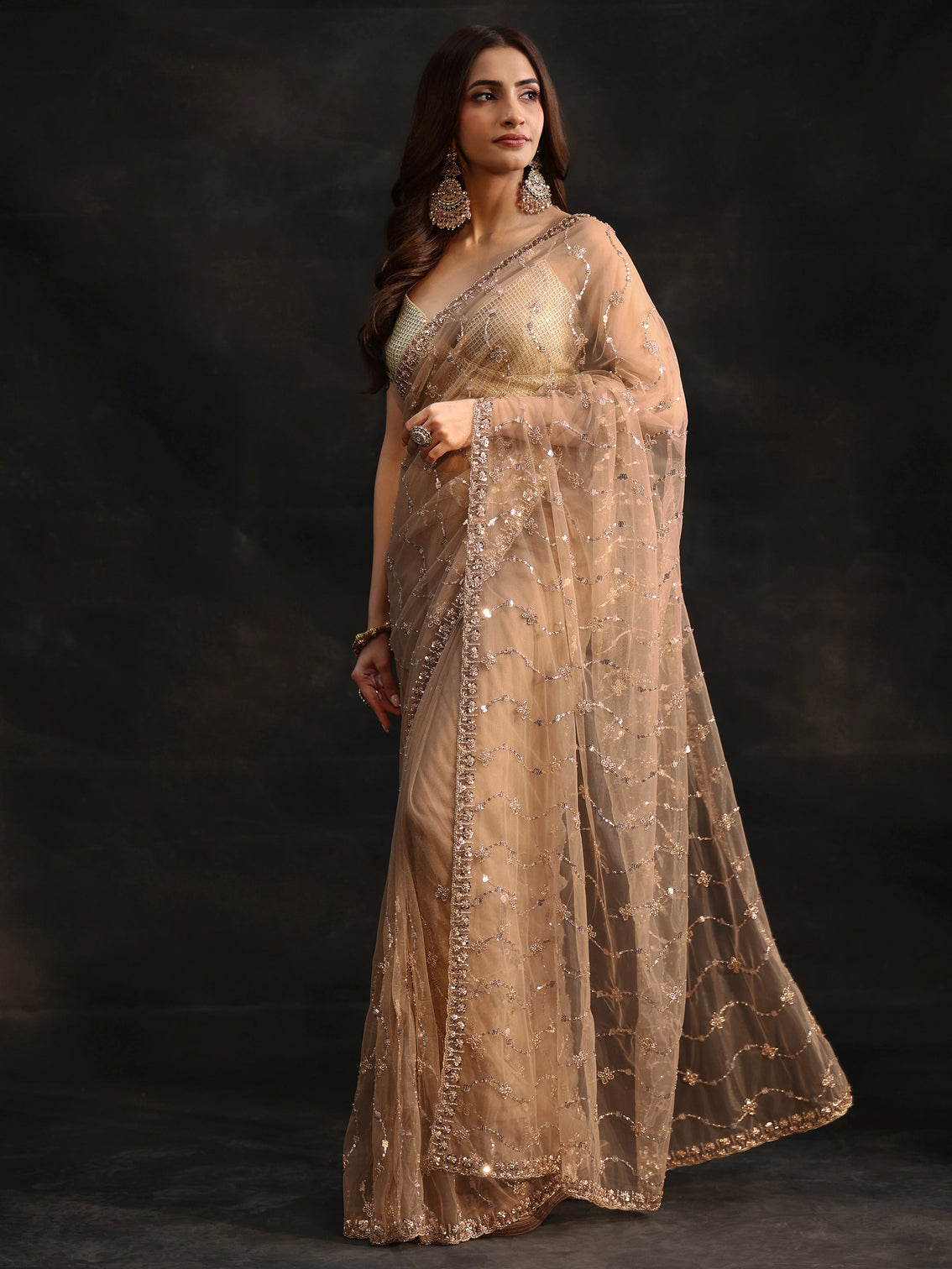 Mameraa Taupe Grey Embellished Wavy Pattern Net Saree