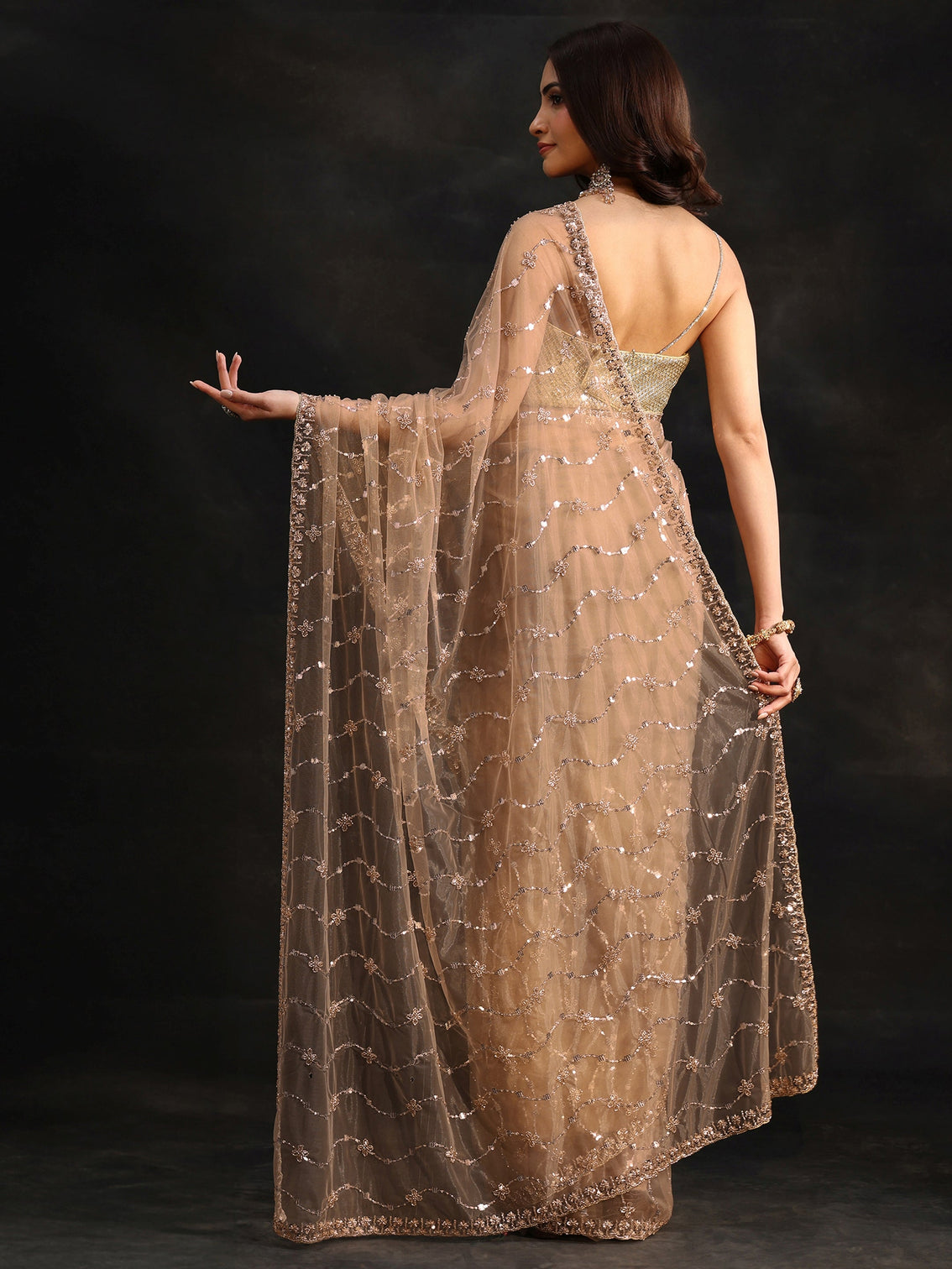 Mameraa Taupe Grey Embellished Wavy Pattern Net Saree