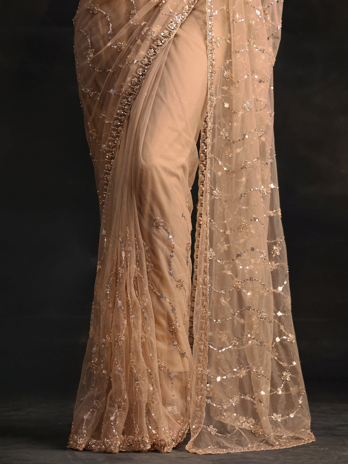 Mameraa Taupe Grey Embellished Wavy Pattern Net Saree