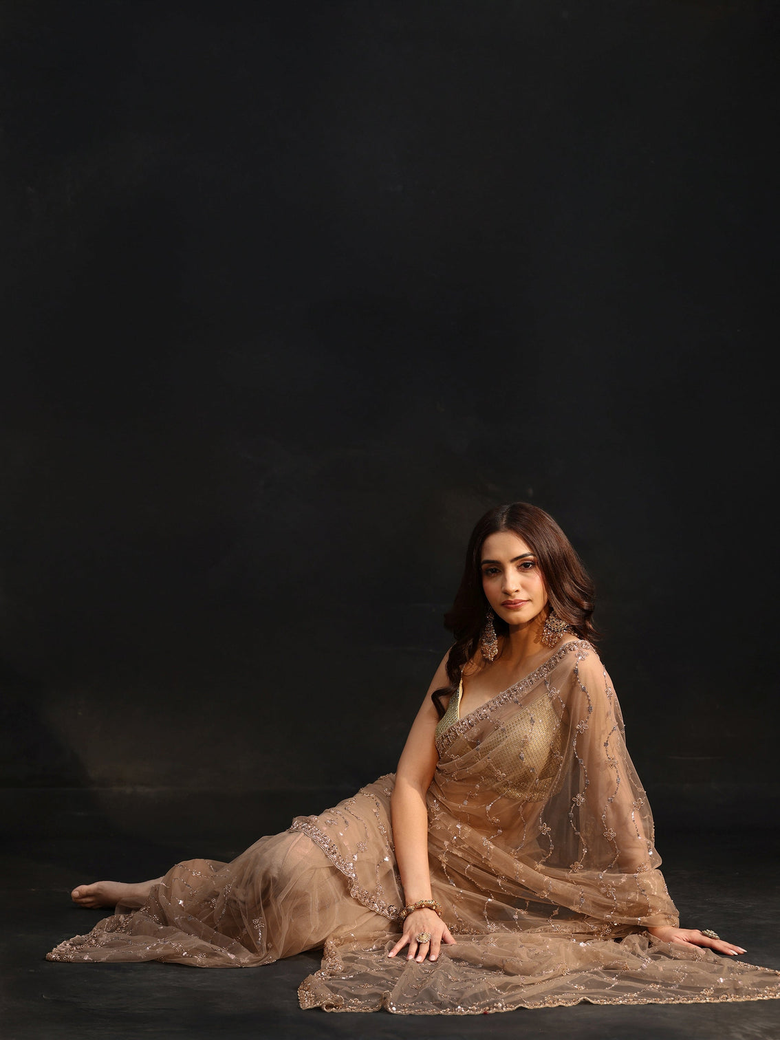 Mameraa Taupe Grey Embellished Wavy Pattern Net Saree