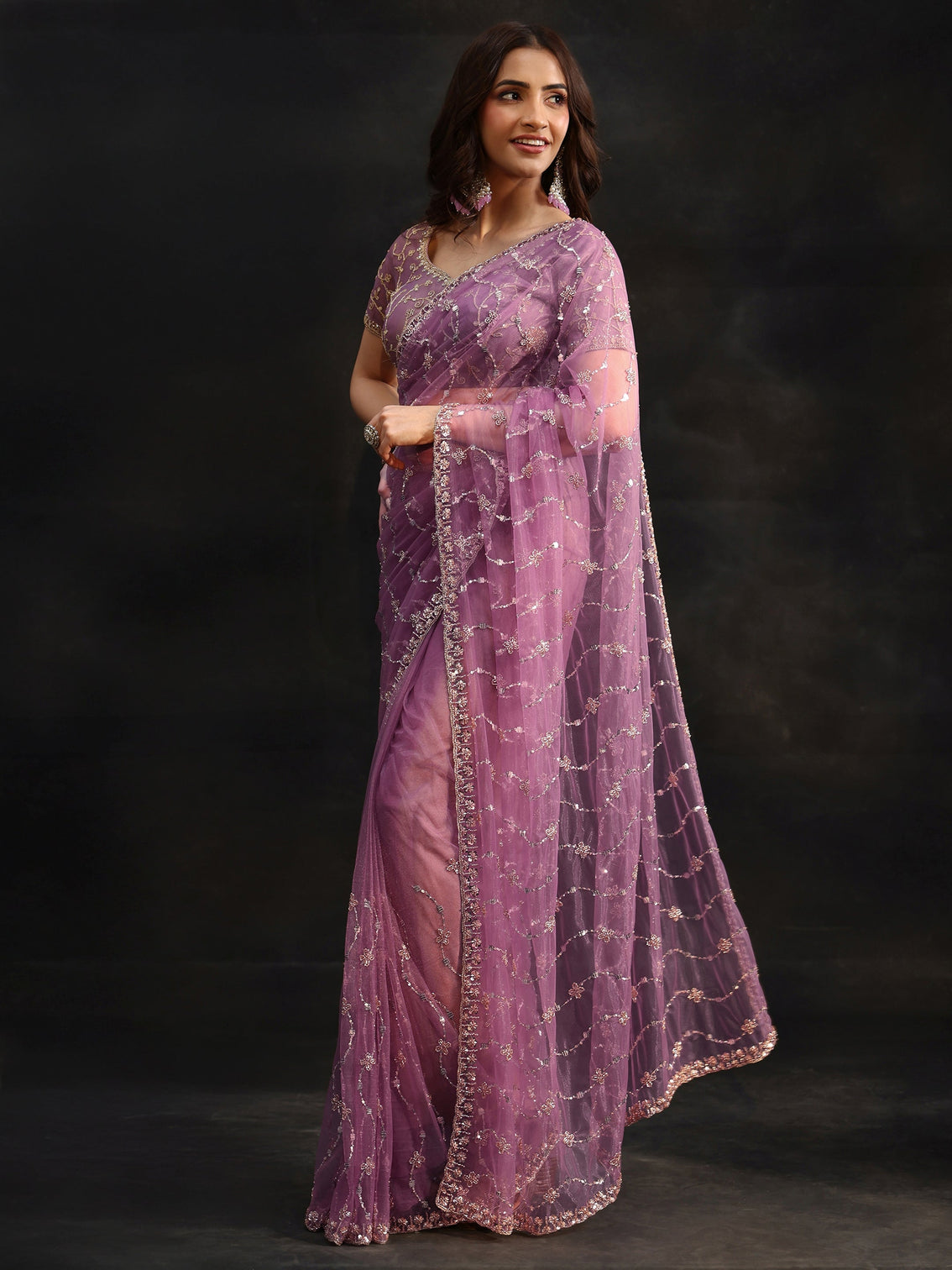 Mameraa Amethyst Purple Embellished Wavy Pattern Net Saree