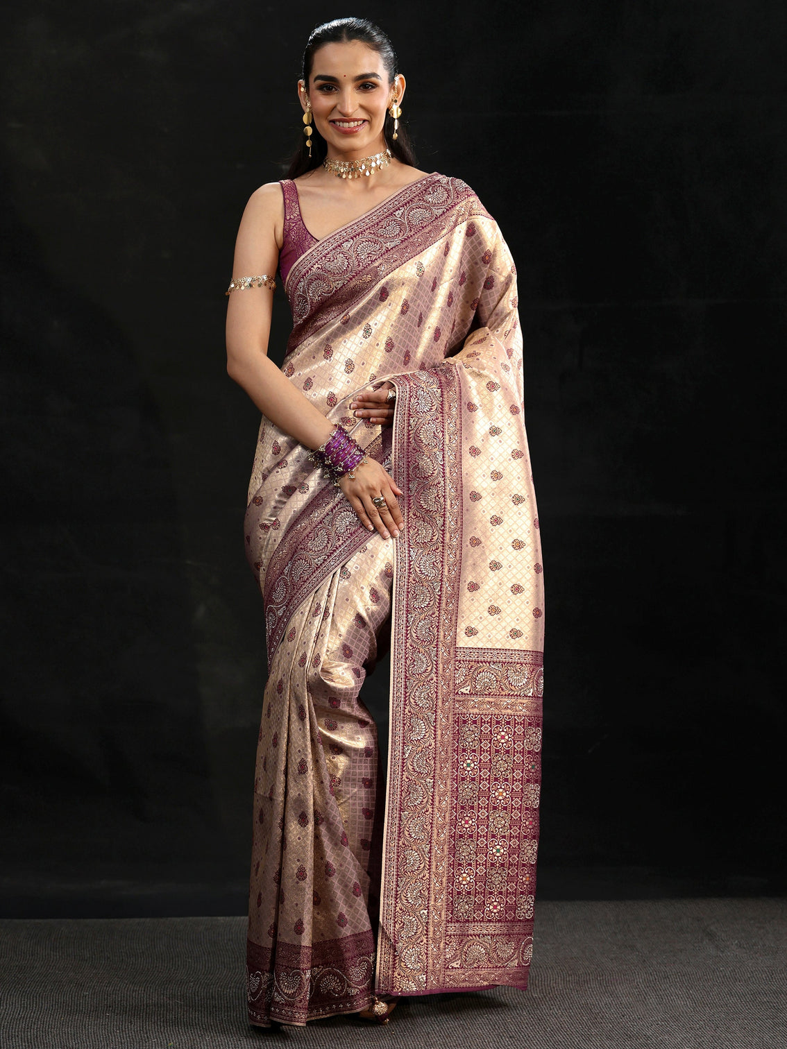 Mameraa Art Purple Banarasi Silk Blend Saree
