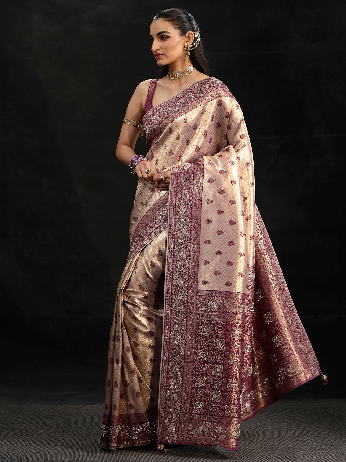 Mameraa Art Purple Banarasi Silk Blend Saree