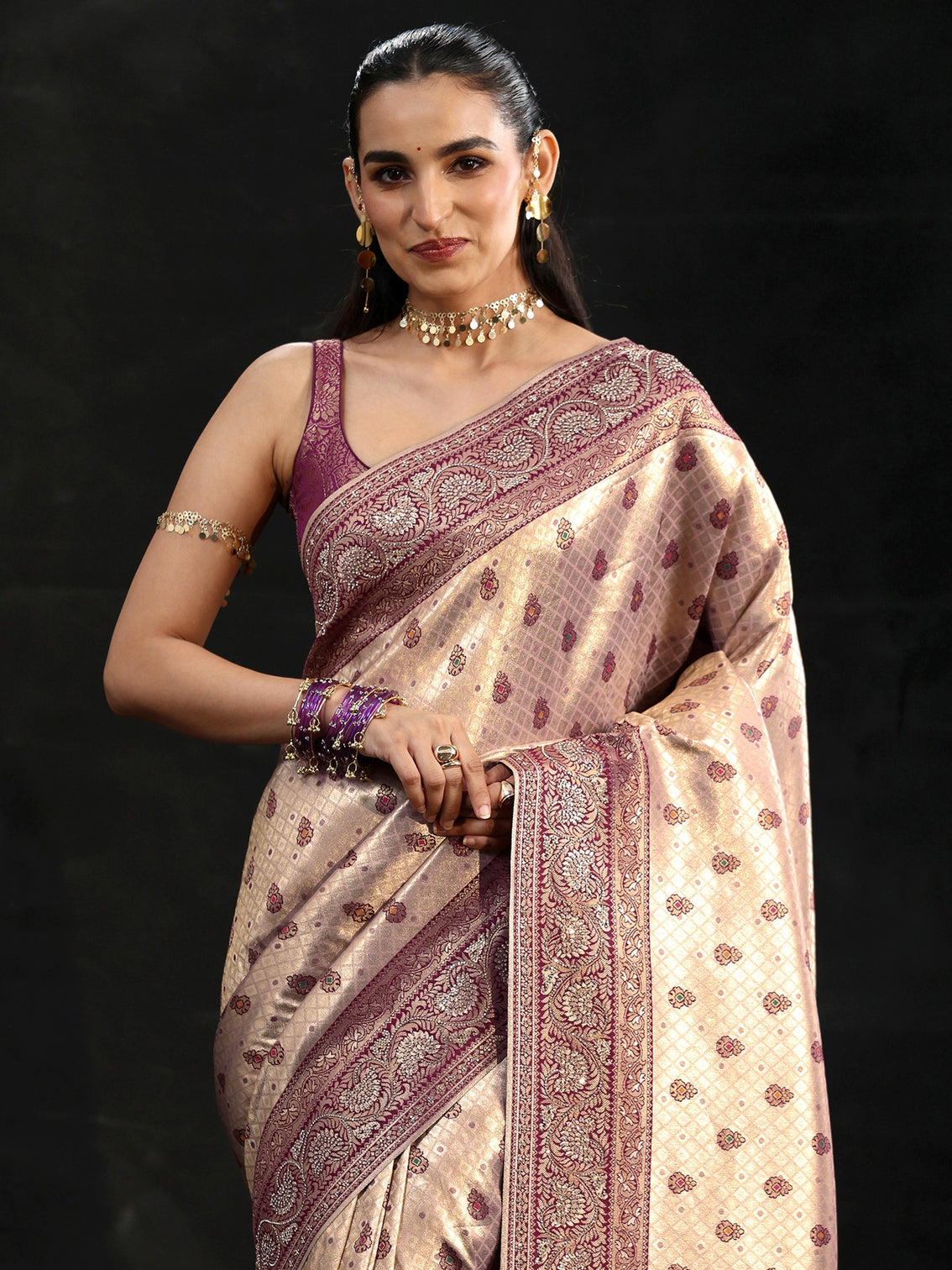 Mameraa Art Purple Banarasi Silk Blend Saree
