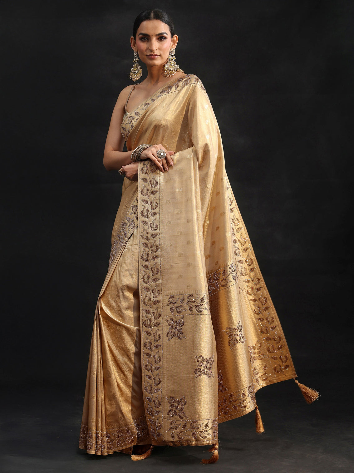 Mameraa Art Gold Silk Blend Saree with Stone Embellished Border