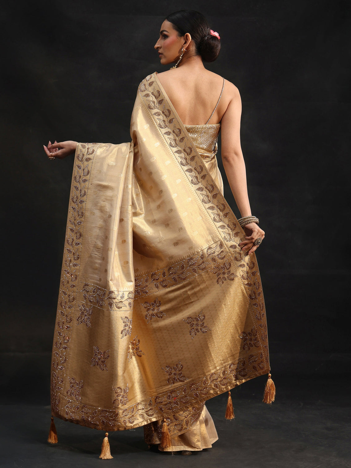 Mameraa Art Gold Silk Blend Saree with Stone Embellished Border