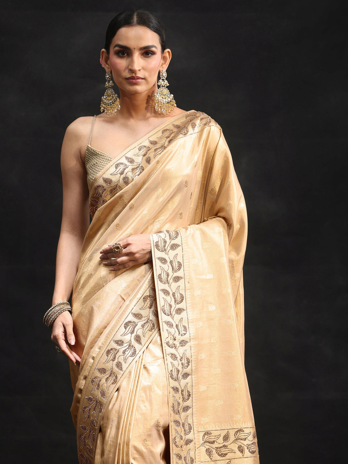 Mameraa Art Gold Silk Blend Saree with Stone Embellished Border
