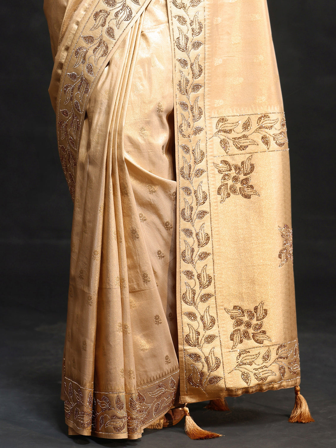 Mameraa Art Gold Silk Blend Saree with Stone Embellished Border