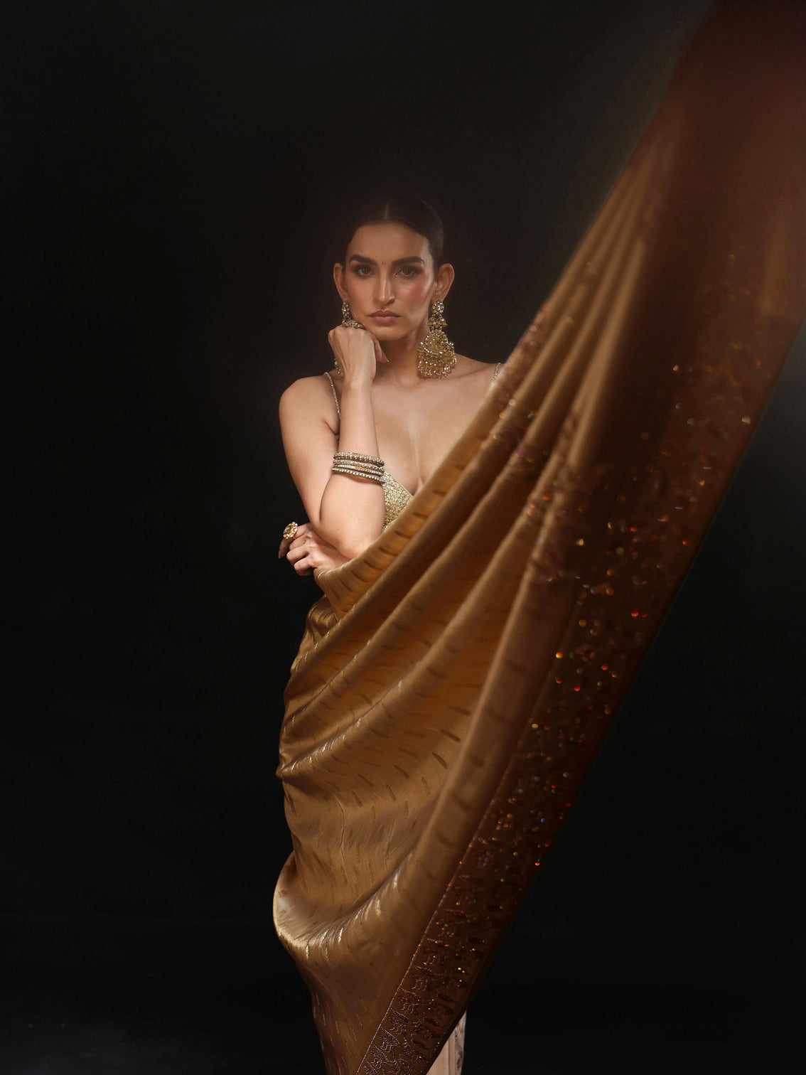 Mameraa Art Gold Silk Blend Saree with Stone Embellished Border