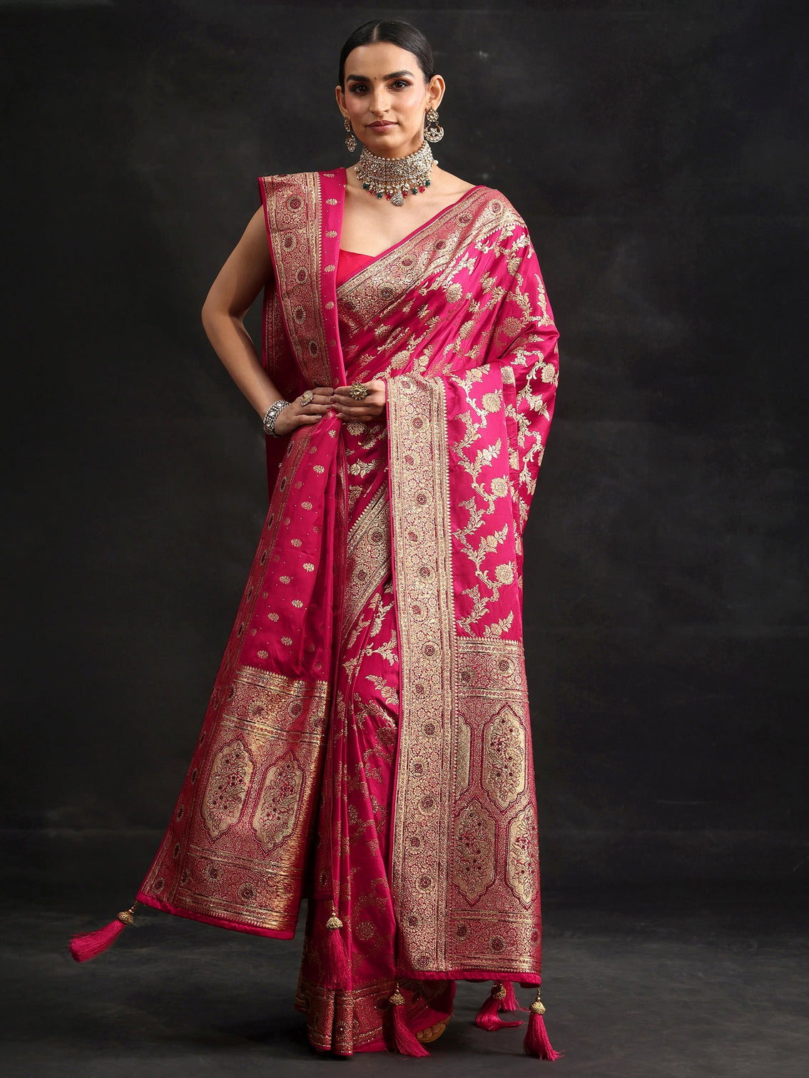 Mameraa Art Rani Pink Floral Design Banarasi Silk Blend Saree with Dupatta