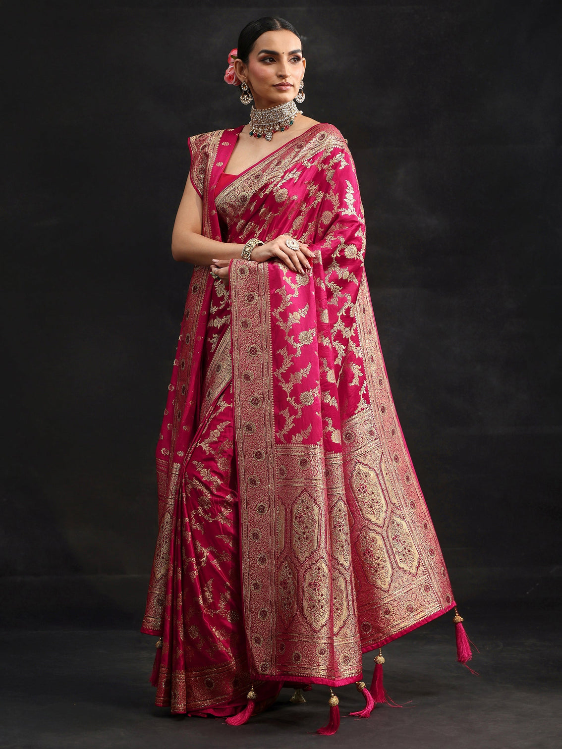 Mameraa Art Rani Pink Floral Design Banarasi Silk Blend Saree with Dupatta
