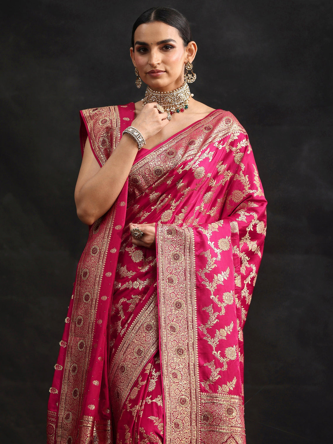 Mameraa Art Rani Pink Floral Design Banarasi Silk Blend Saree with Dupatta