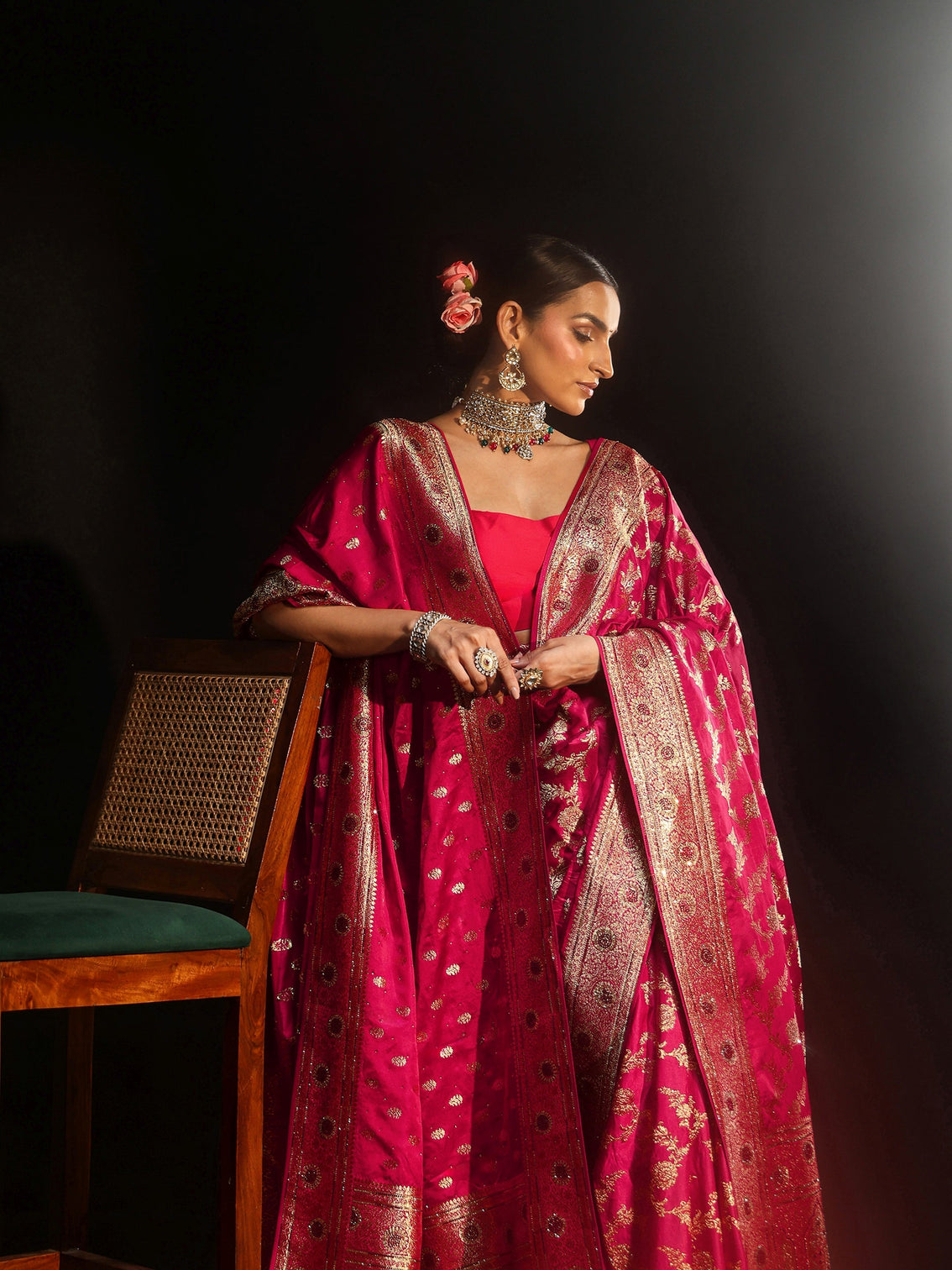 Mameraa Art Rani Pink Floral Design Banarasi Silk Blend Saree with Dupatta