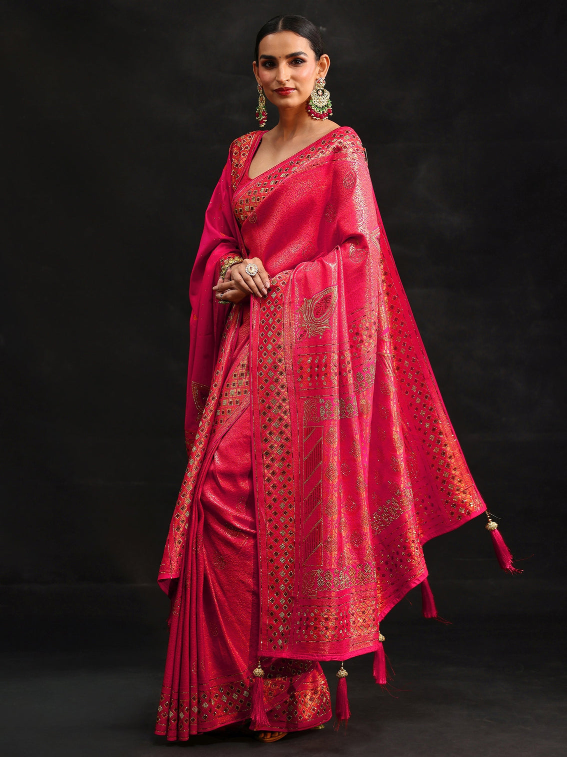 Mameraa Art Pink Embellished Banarasi Silk Blend Saree with Dupatta