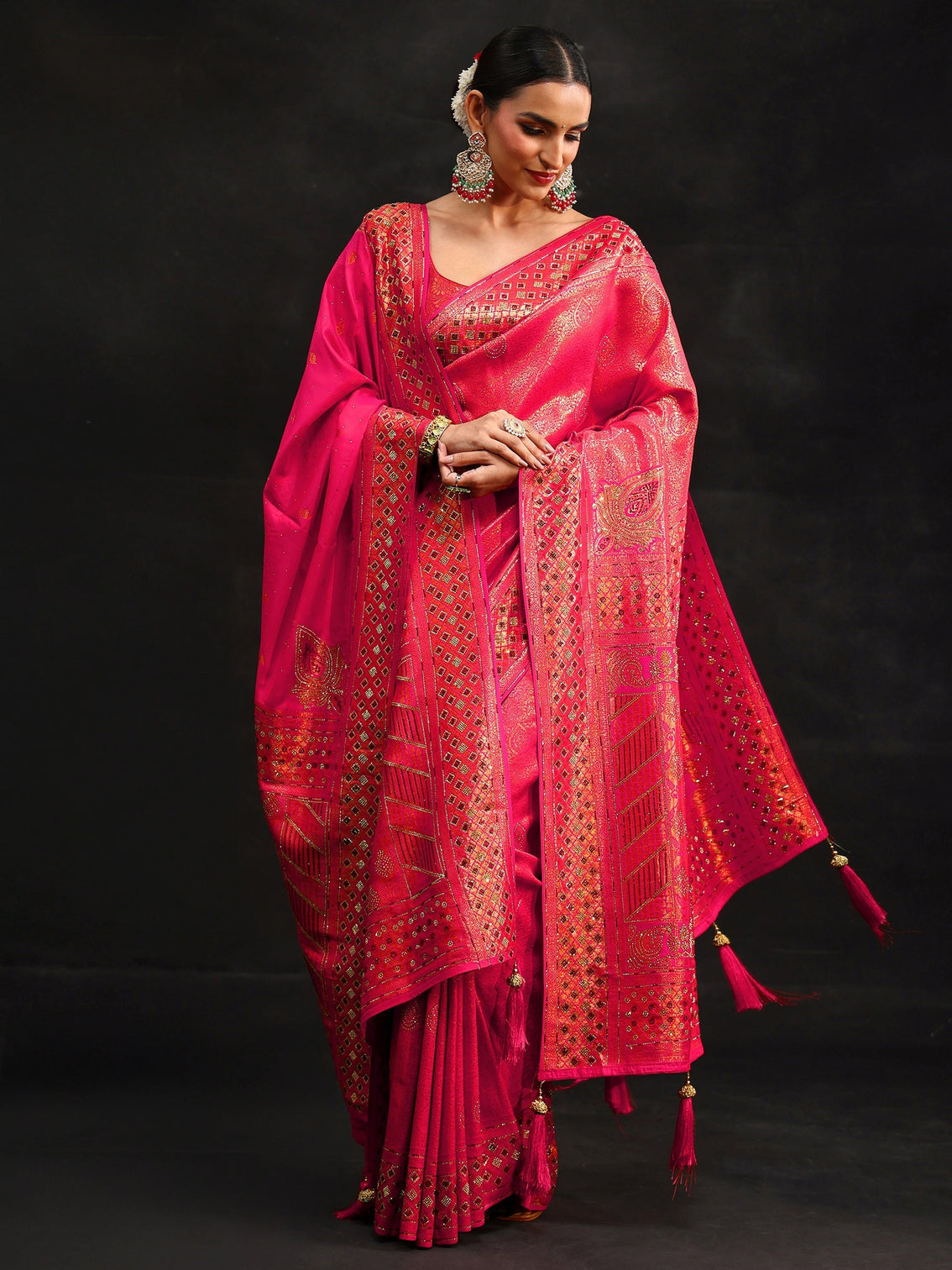 Mameraa Art Pink Embellished Banarasi Silk Blend Saree with Dupatta