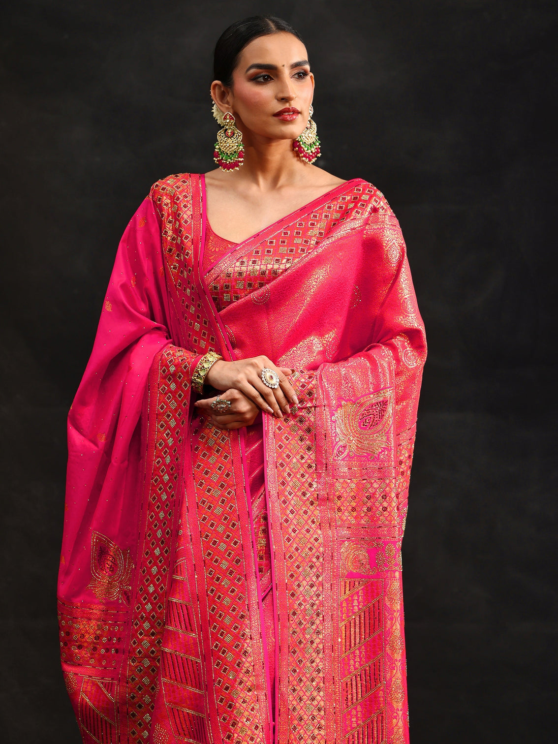 Mameraa Art Pink Embellished Banarasi Silk Blend Saree with Dupatta