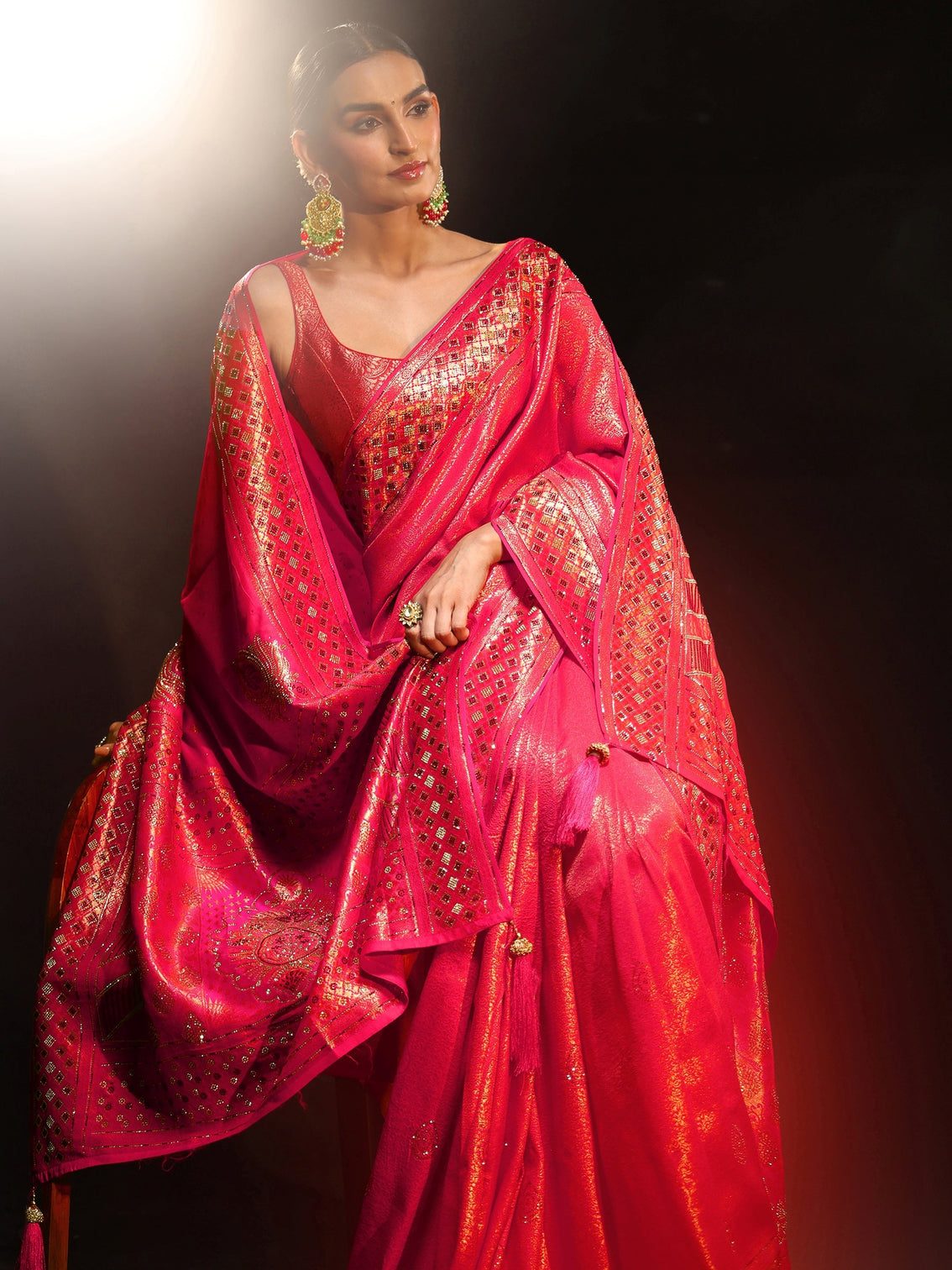Mameraa Art Pink Embellished Banarasi Silk Blend Saree with Dupatta