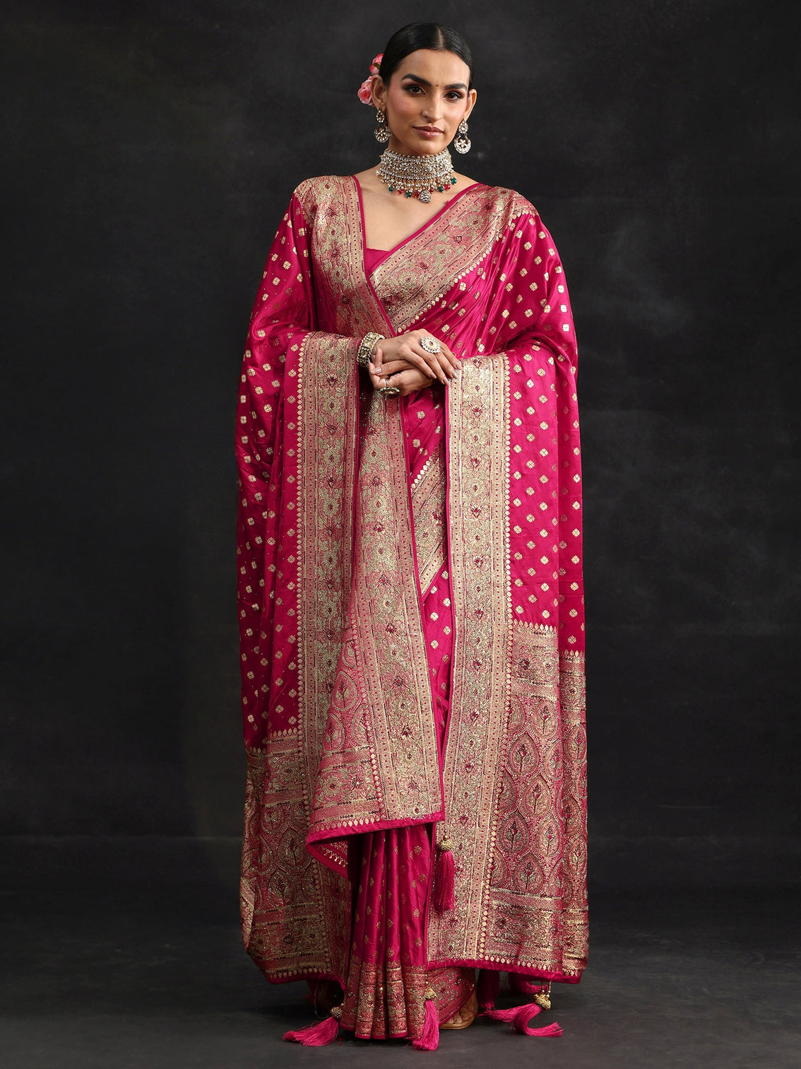 Mameraa Art Rose Pink Embellished Banarasi Silk Blend Saree with Dupatta