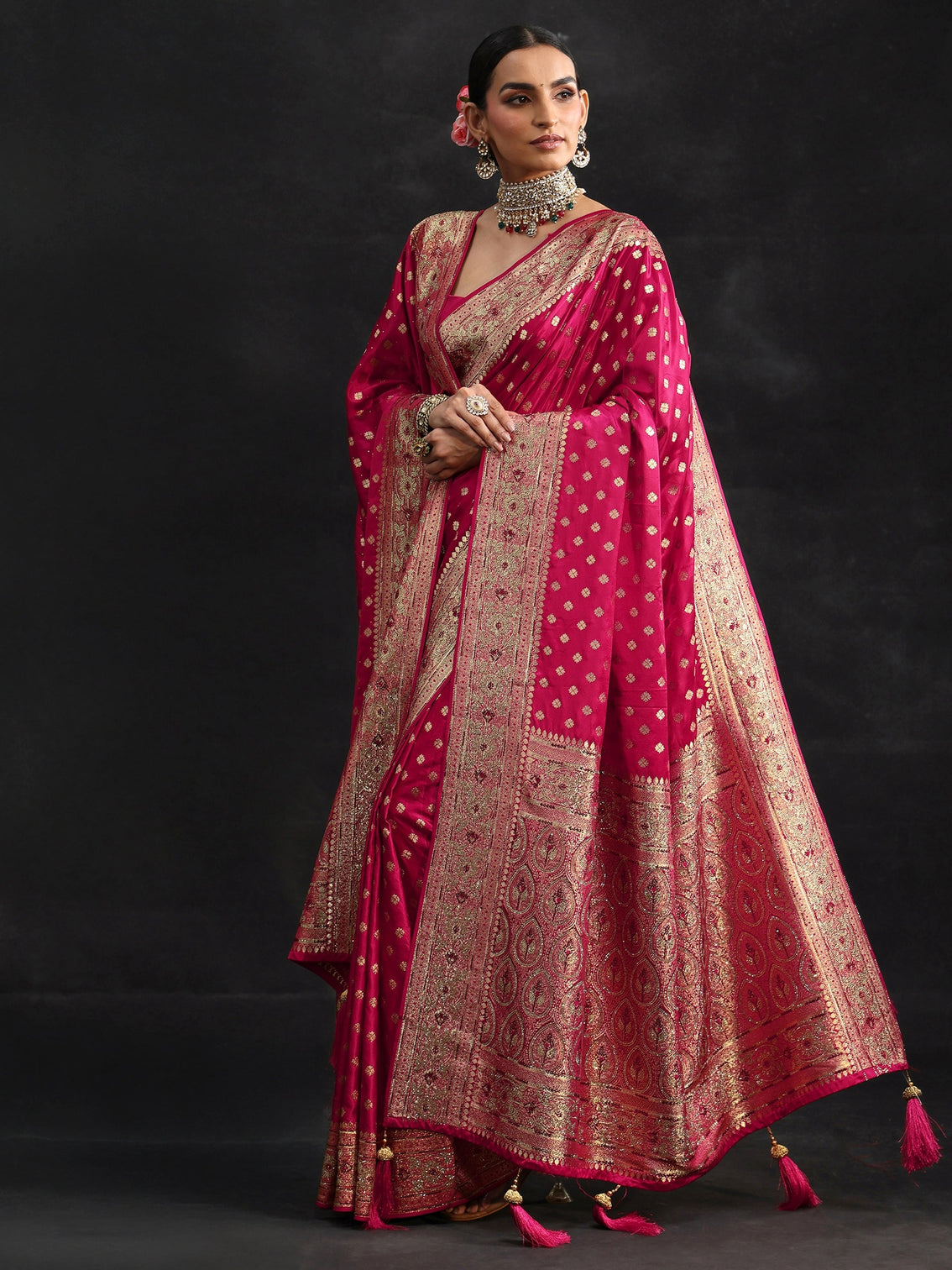 Mameraa Art Rose Pink Embellished Banarasi Silk Blend Saree with Dupatta
