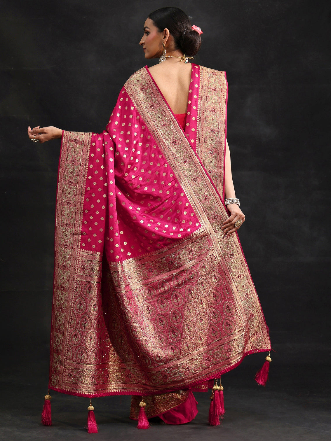 Mameraa Art Rose Pink Embellished Banarasi Silk Blend Saree with Dupatta