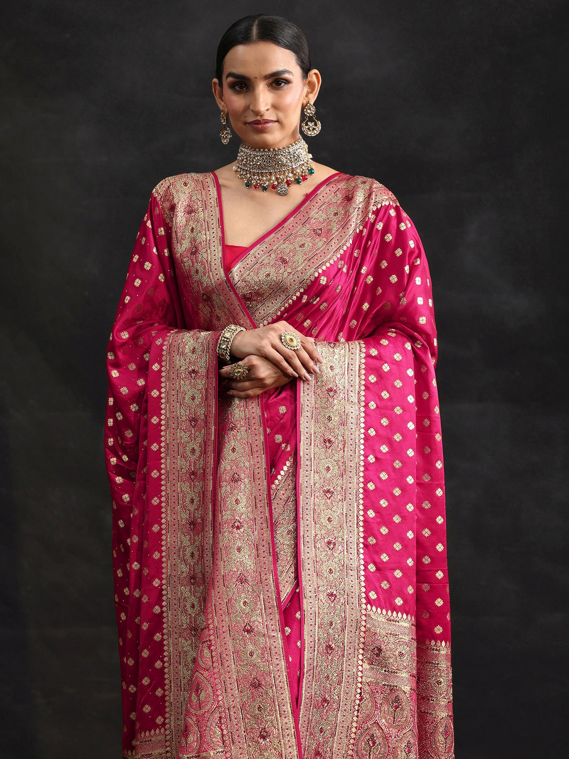 Mameraa Art Rose Pink Embellished Banarasi Silk Blend Saree with Dupatta