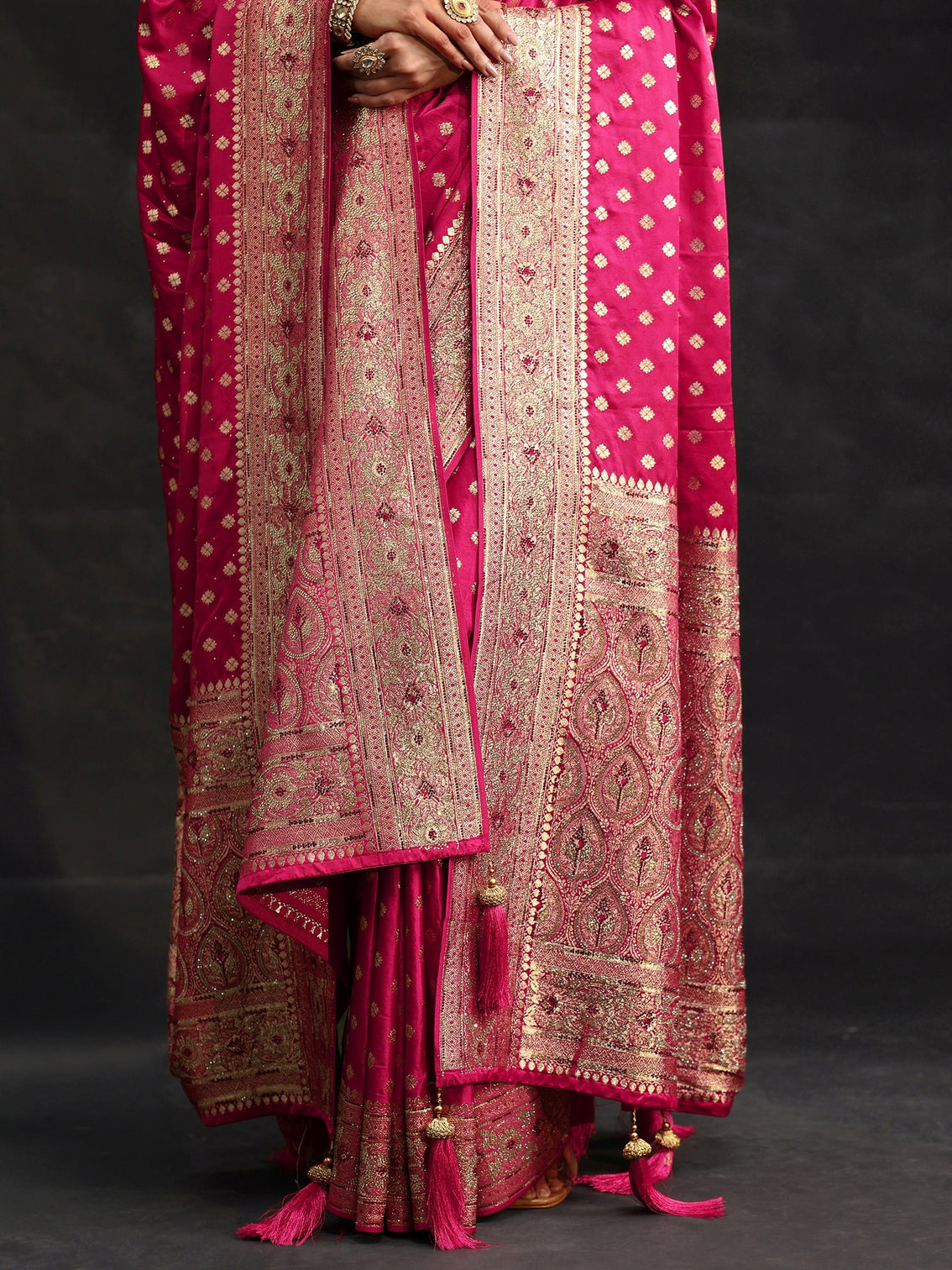 Mameraa Art Rose Pink Embellished Banarasi Silk Blend Saree with Dupatta