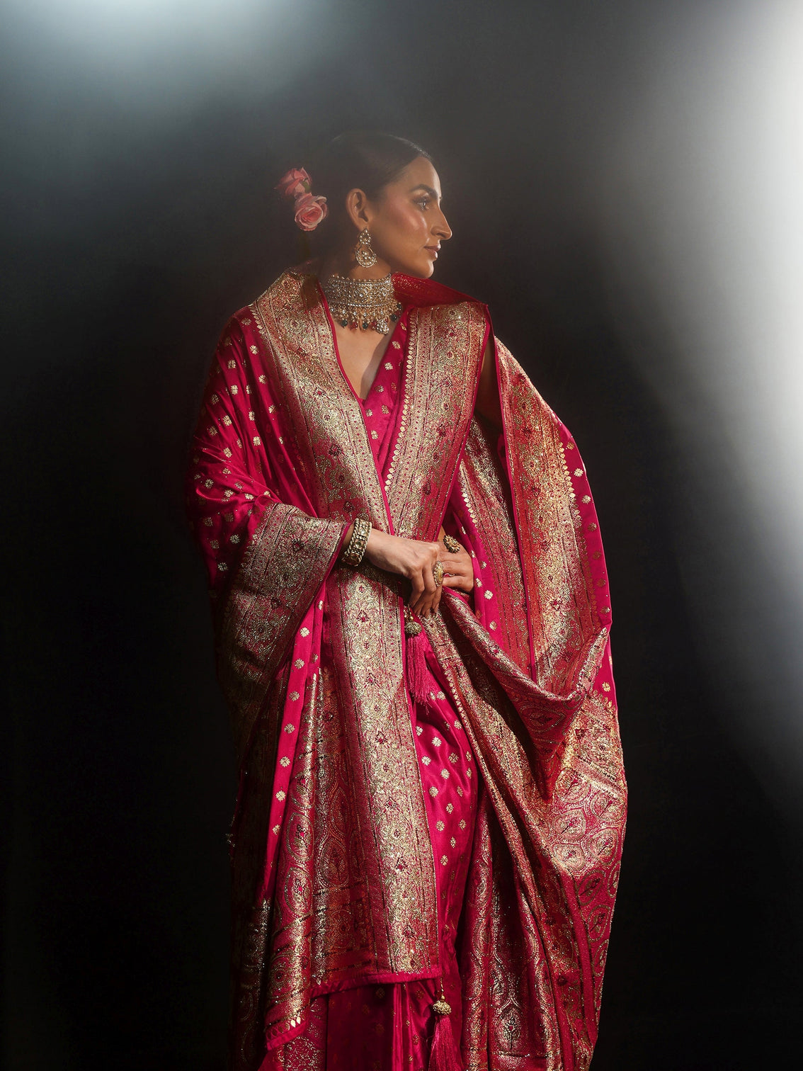 Mameraa Art Rose Pink Embellished Banarasi Silk Blend Saree with Dupatta