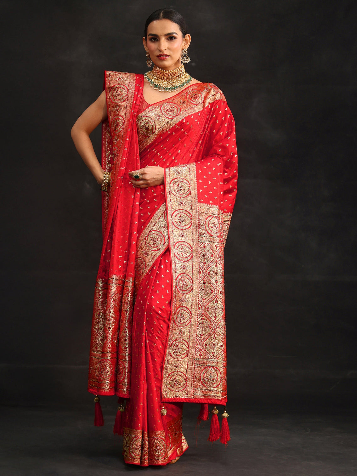 Mameraa Art Vermilion Red Embellished Banarasi Silk Blend Saree with Dupatta