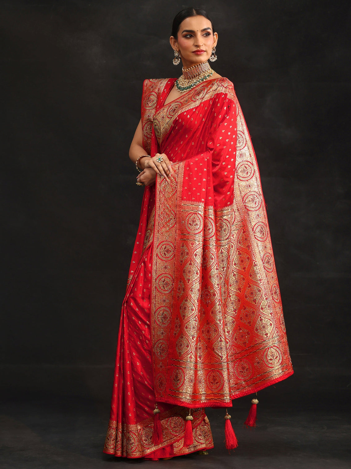 Mameraa Art Vermilion Red Embellished Banarasi Silk Blend Saree with Dupatta