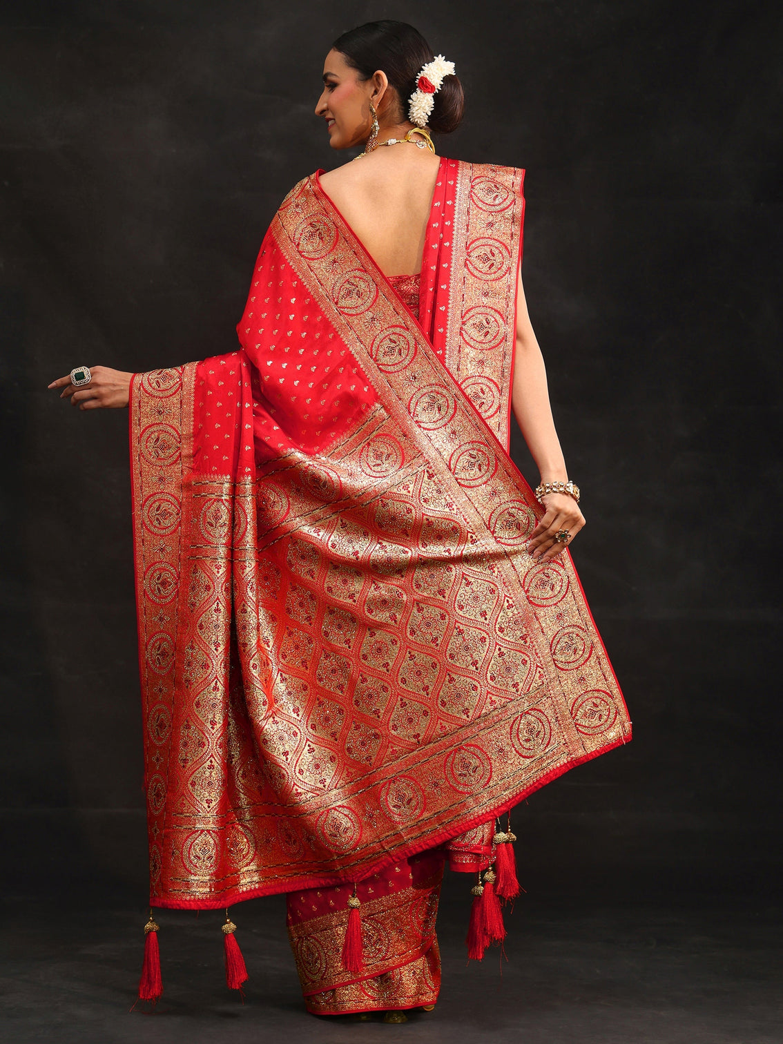 Mameraa Art Vermilion Red Embellished Banarasi Silk Blend Saree with Dupatta