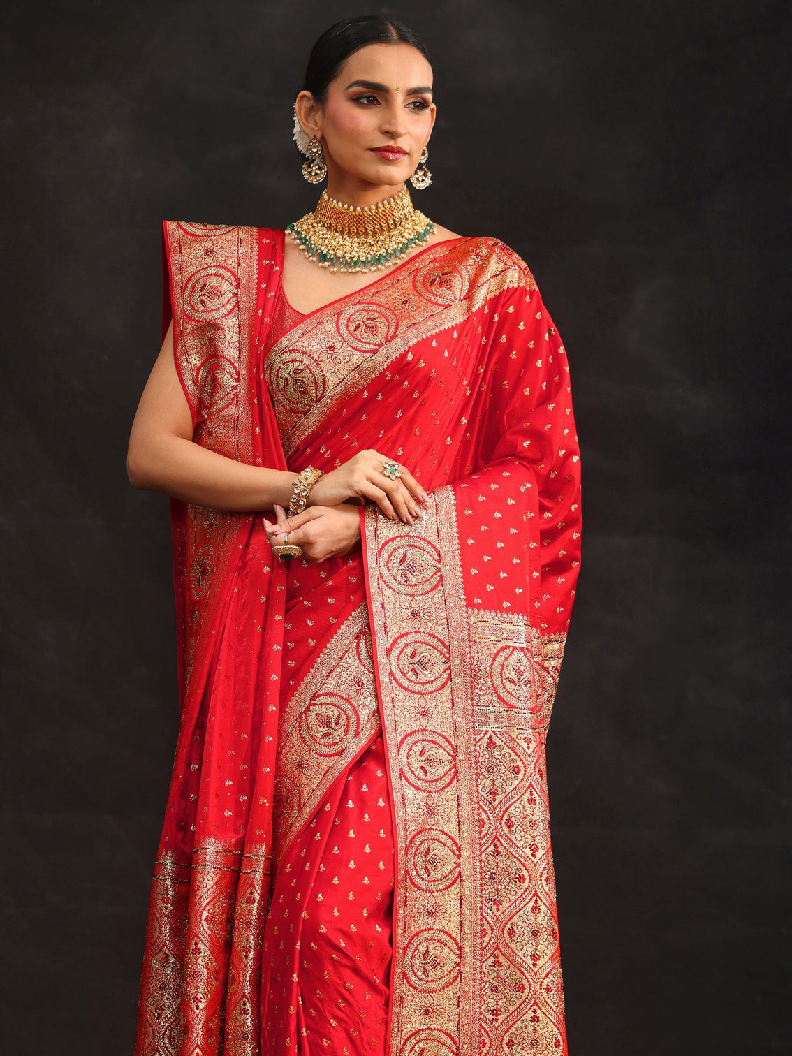 Mameraa Art Vermilion Red Embellished Banarasi Silk Blend Saree with Dupatta