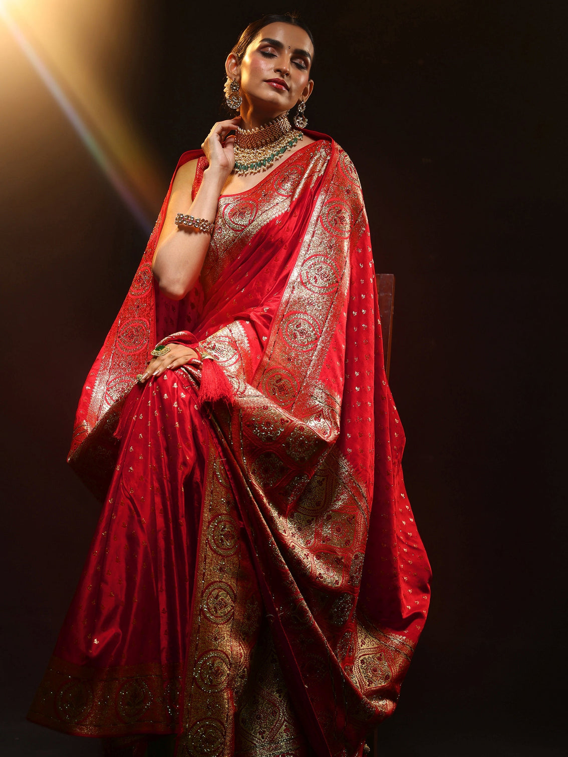 Mameraa Art Vermilion Red Embellished Banarasi Silk Blend Saree with Dupatta
