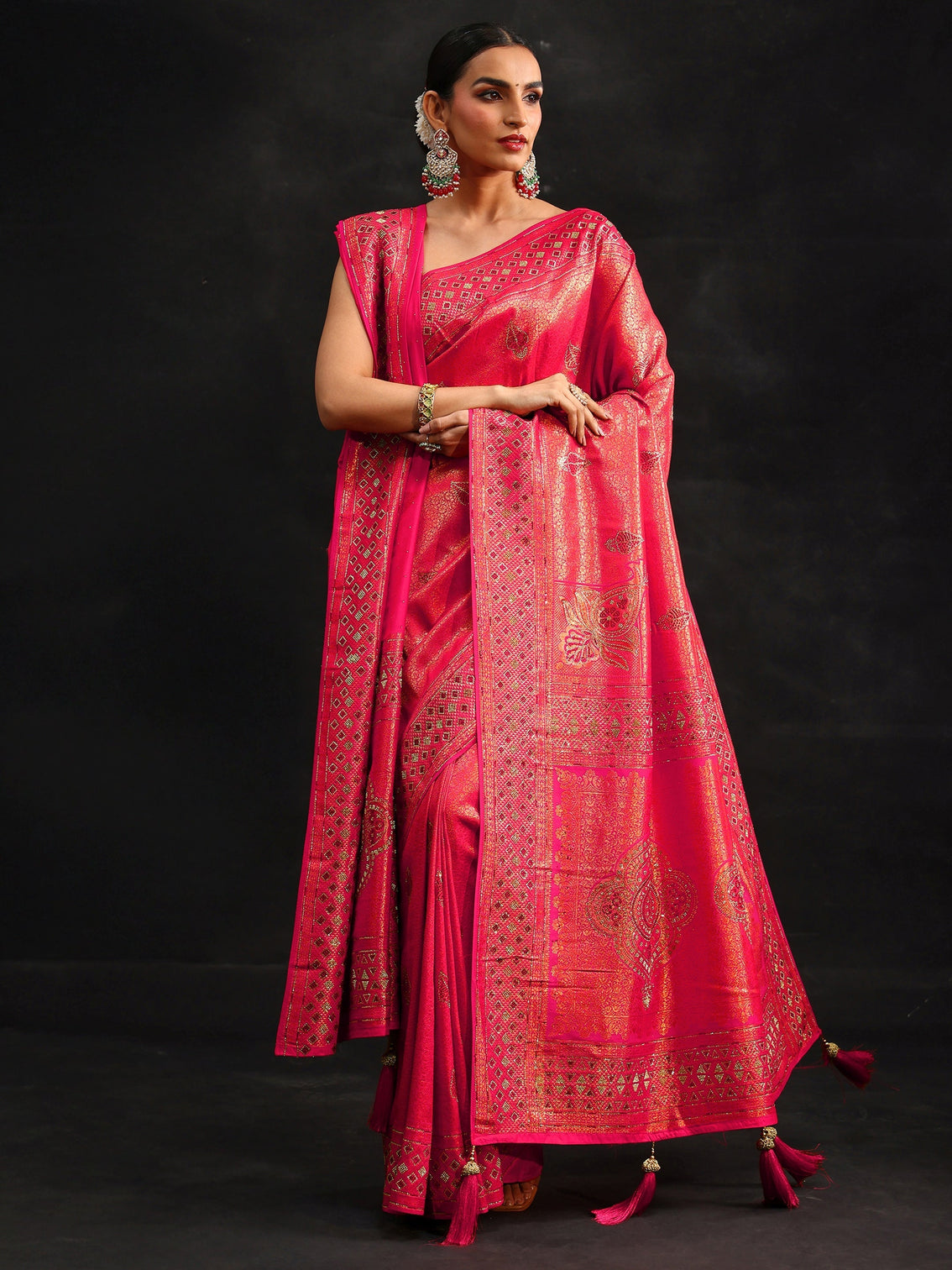 Mameraa Art Rani Pink Embellished Banarasi Silk Blend Saree with Dupatta