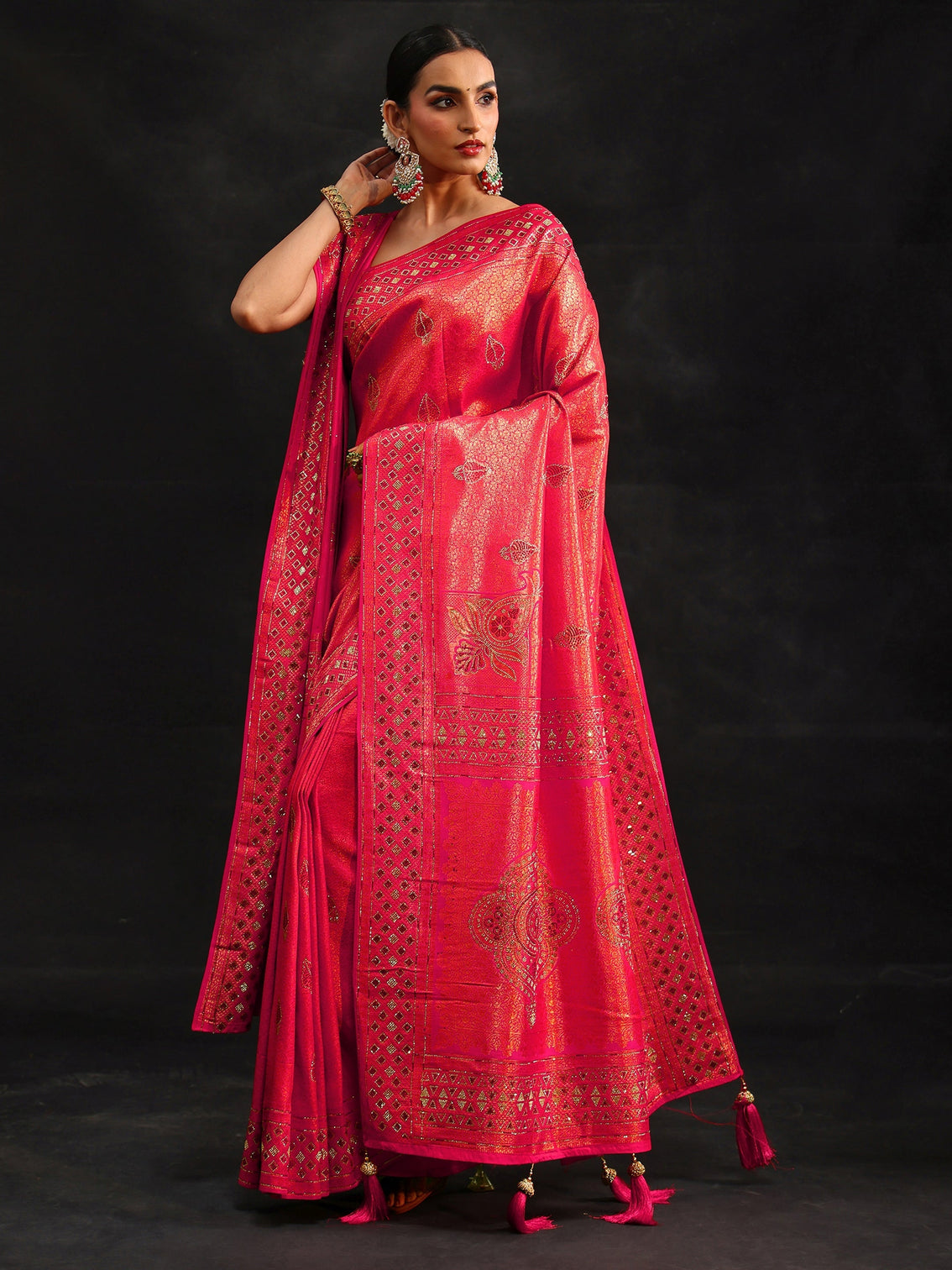 Mameraa Art Rani Pink Embellished Banarasi Silk Blend Saree with Dupatta