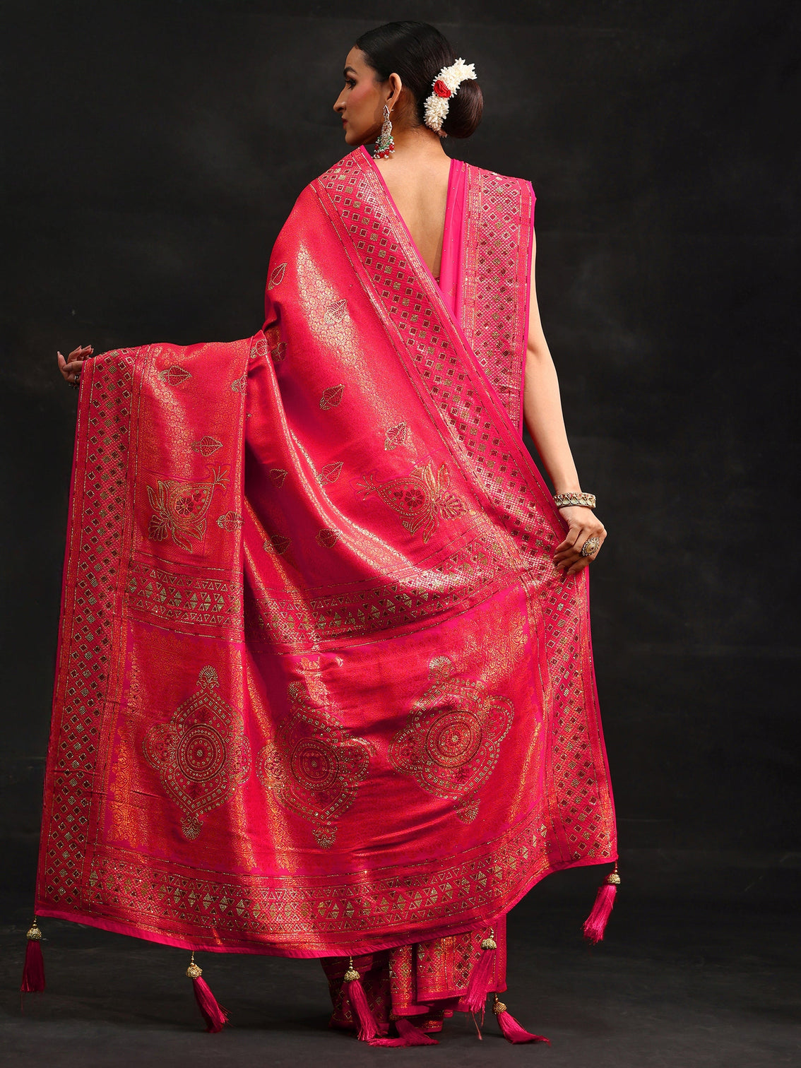 Mameraa Art Rani Pink Embellished Banarasi Silk Blend Saree with Dupatta