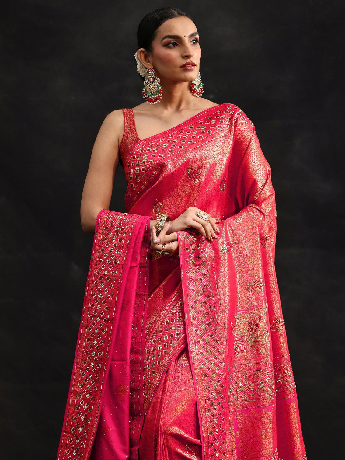 Mameraa Art Rani Pink Embellished Banarasi Silk Blend Saree with Dupatta