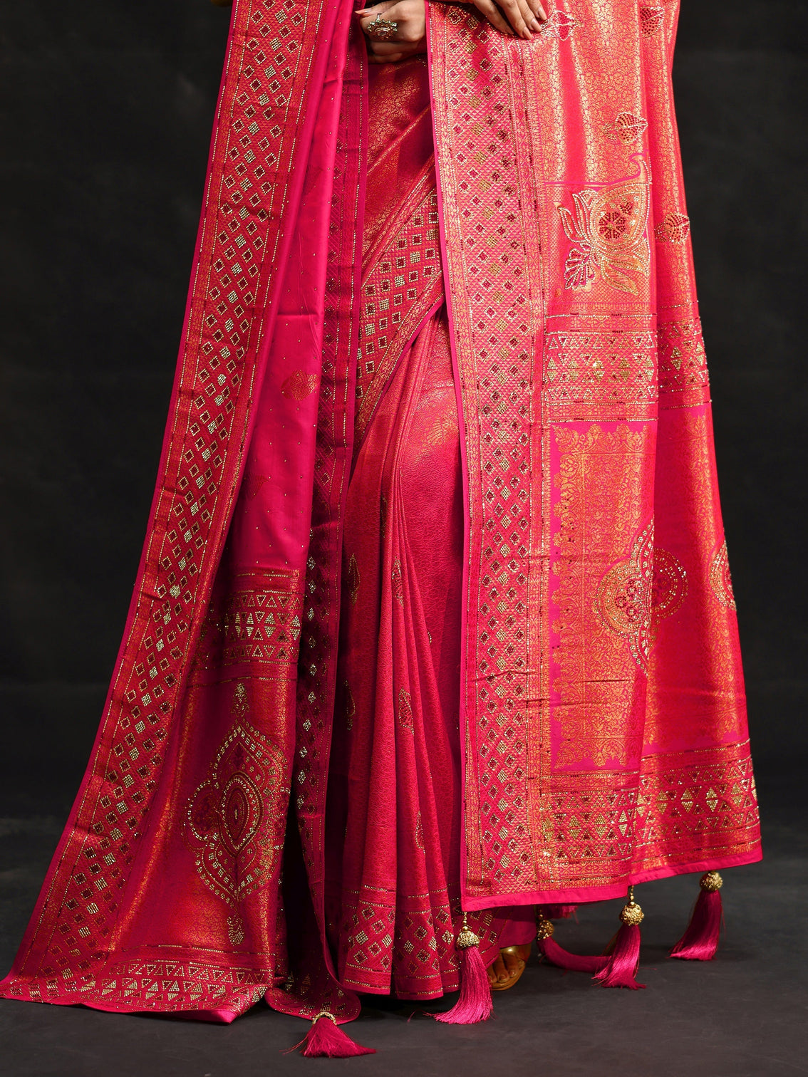 Mameraa Art Rani Pink Embellished Banarasi Silk Blend Saree with Dupatta