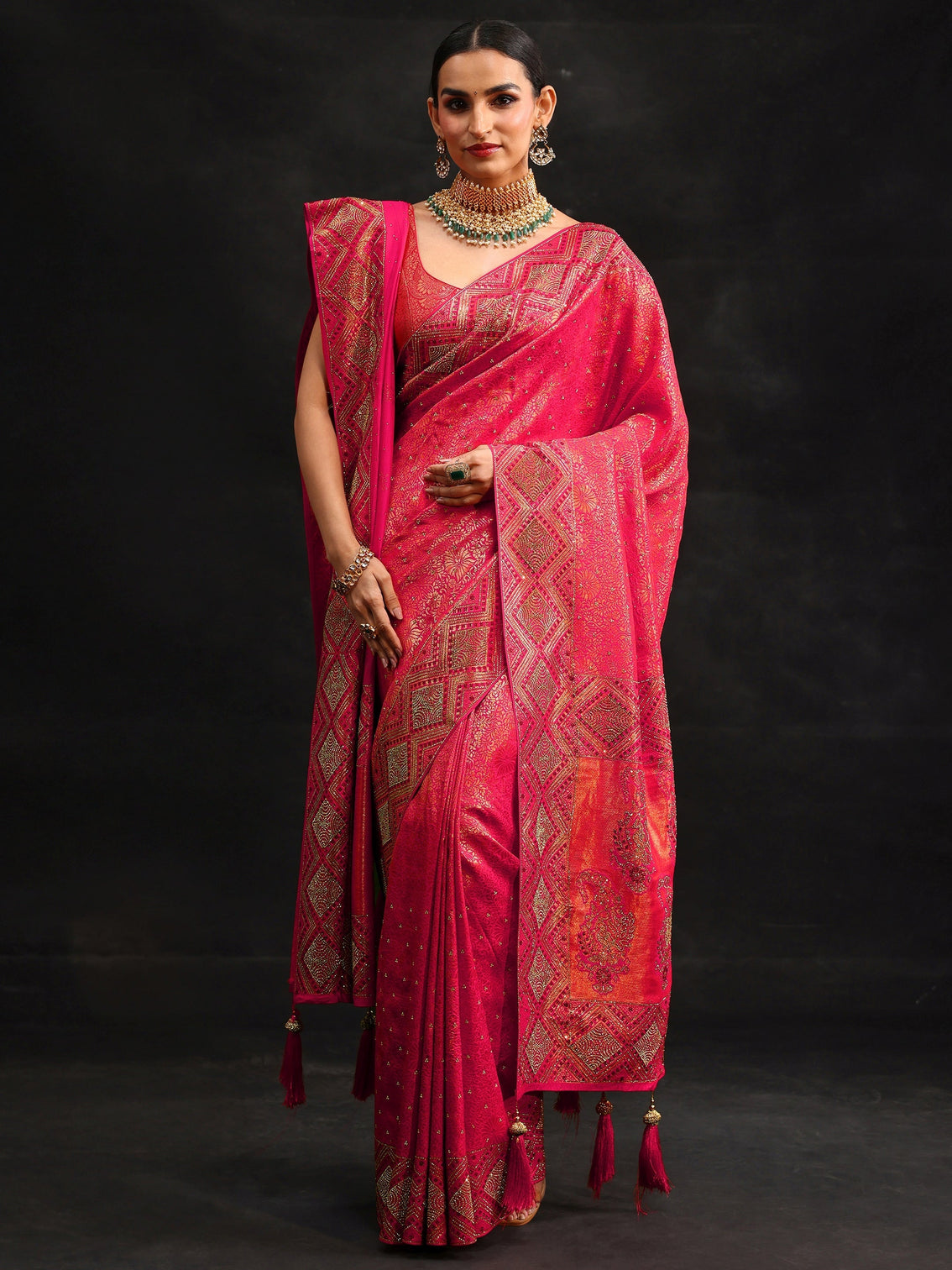 Mameraa Art Hot Pink Embellished Banarasi Silk Blend Saree with Dupatta