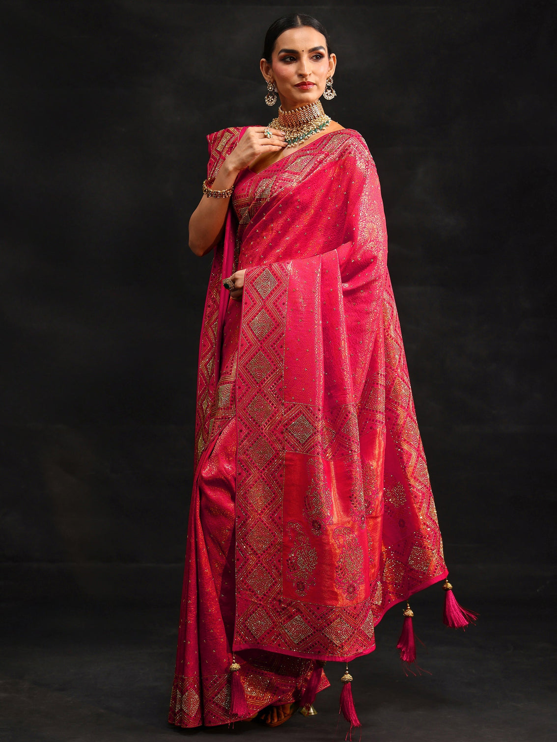 Mameraa Art Hot Pink Embellished Banarasi Silk Blend Saree with Dupatta