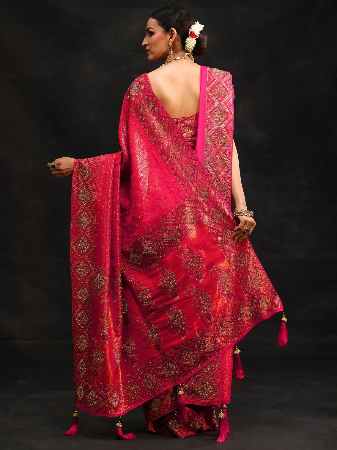 Mameraa Art Hot Pink Embellished Banarasi Silk Blend Saree with Dupatta