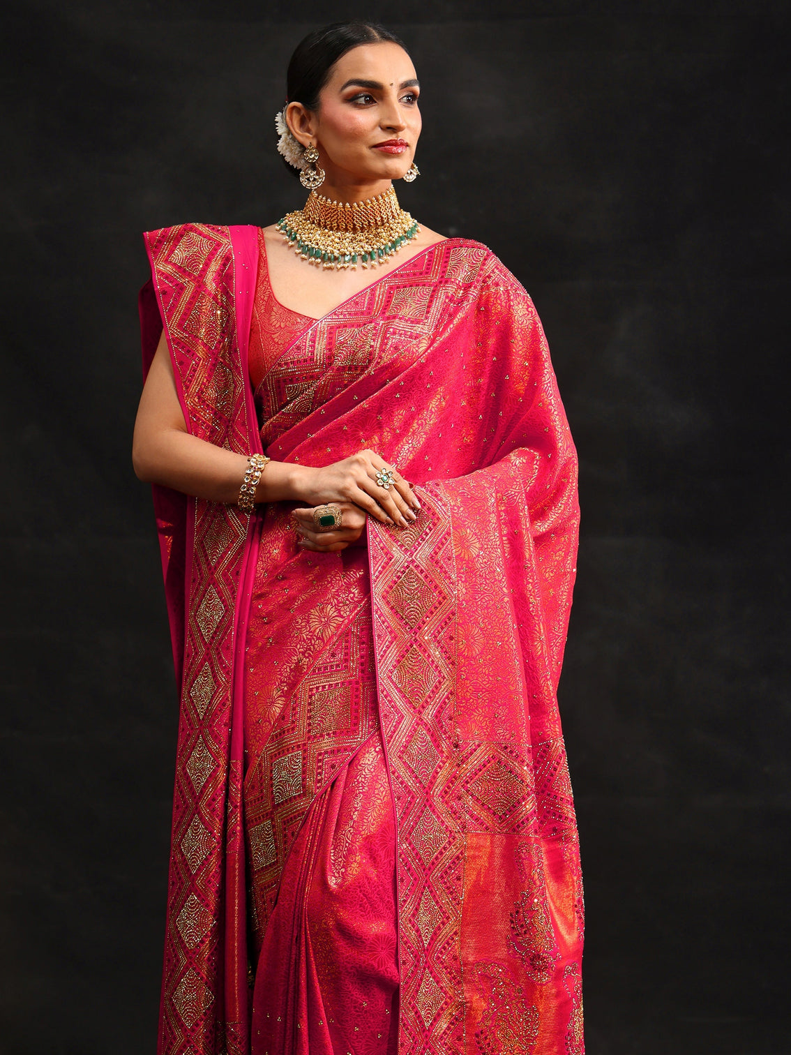 Mameraa Art Hot Pink Embellished Banarasi Silk Blend Saree with Dupatta