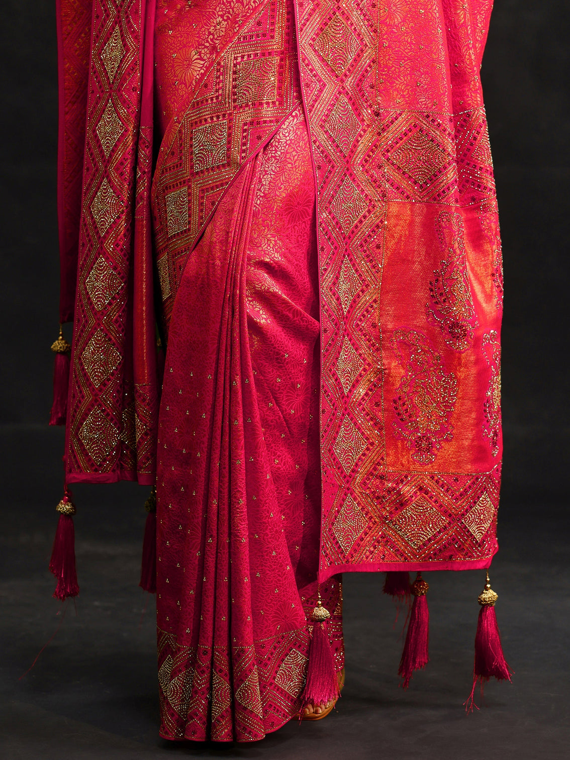 Mameraa Art Hot Pink Embellished Banarasi Silk Blend Saree with Dupatta