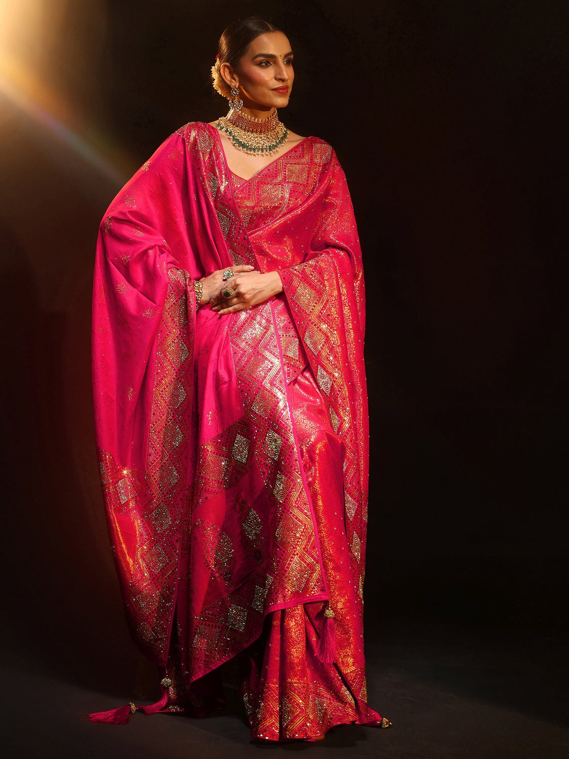 Mameraa Art Hot Pink Embellished Banarasi Silk Blend Saree with Dupatta
