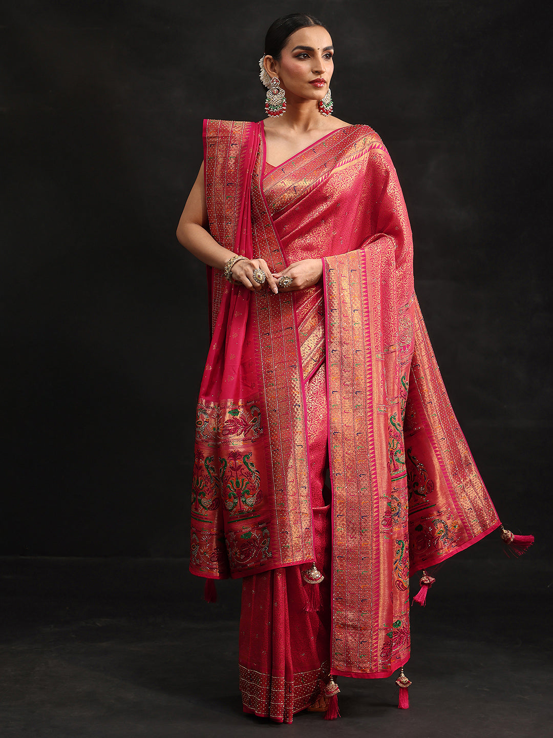 Mameraa Art Pink Embellished Banarasi Silk Blend Saree with Dupatta