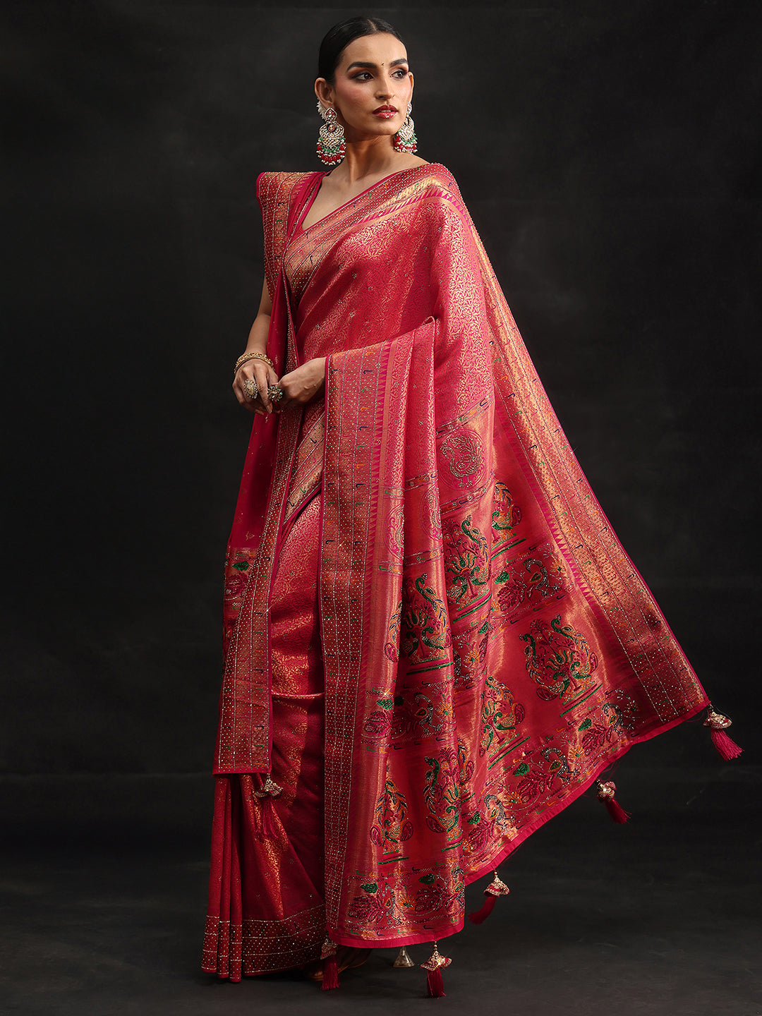 Mameraa Art Pink Embellished Banarasi Silk Blend Saree with Dupatta