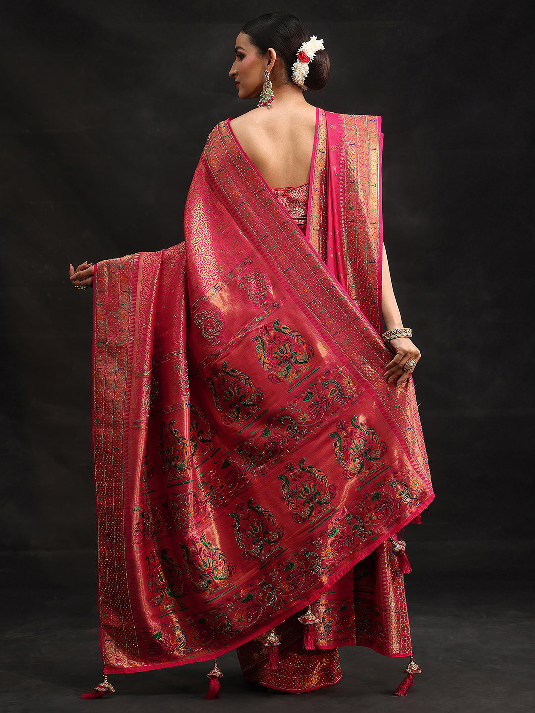 Mameraa Art Pink Embellished Banarasi Silk Blend Saree with Dupatta