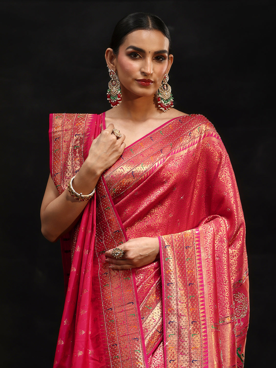Mameraa Art Pink Embellished Banarasi Silk Blend Saree with Dupatta