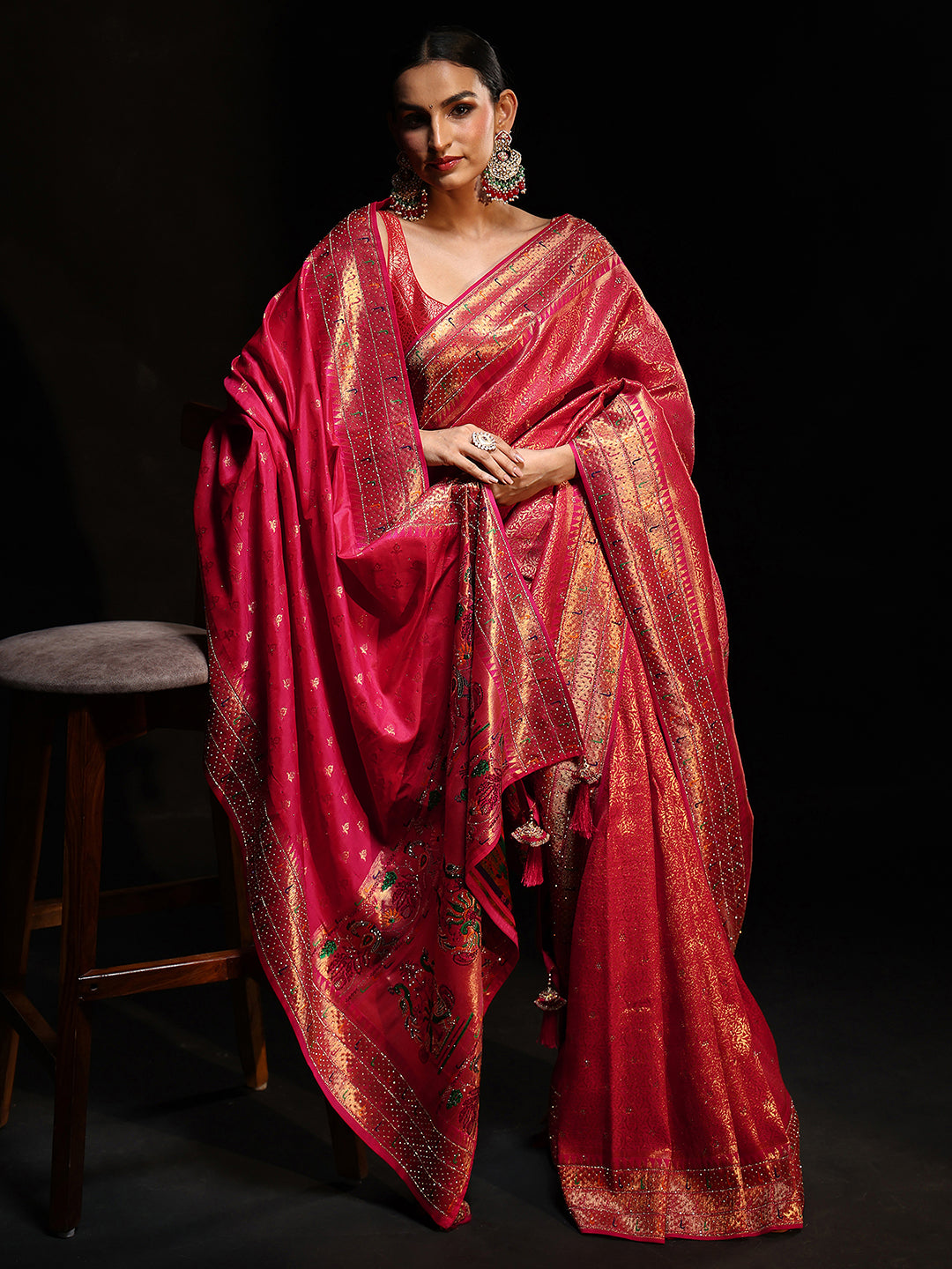 Mameraa Art Pink Embellished Banarasi Silk Blend Saree with Dupatta